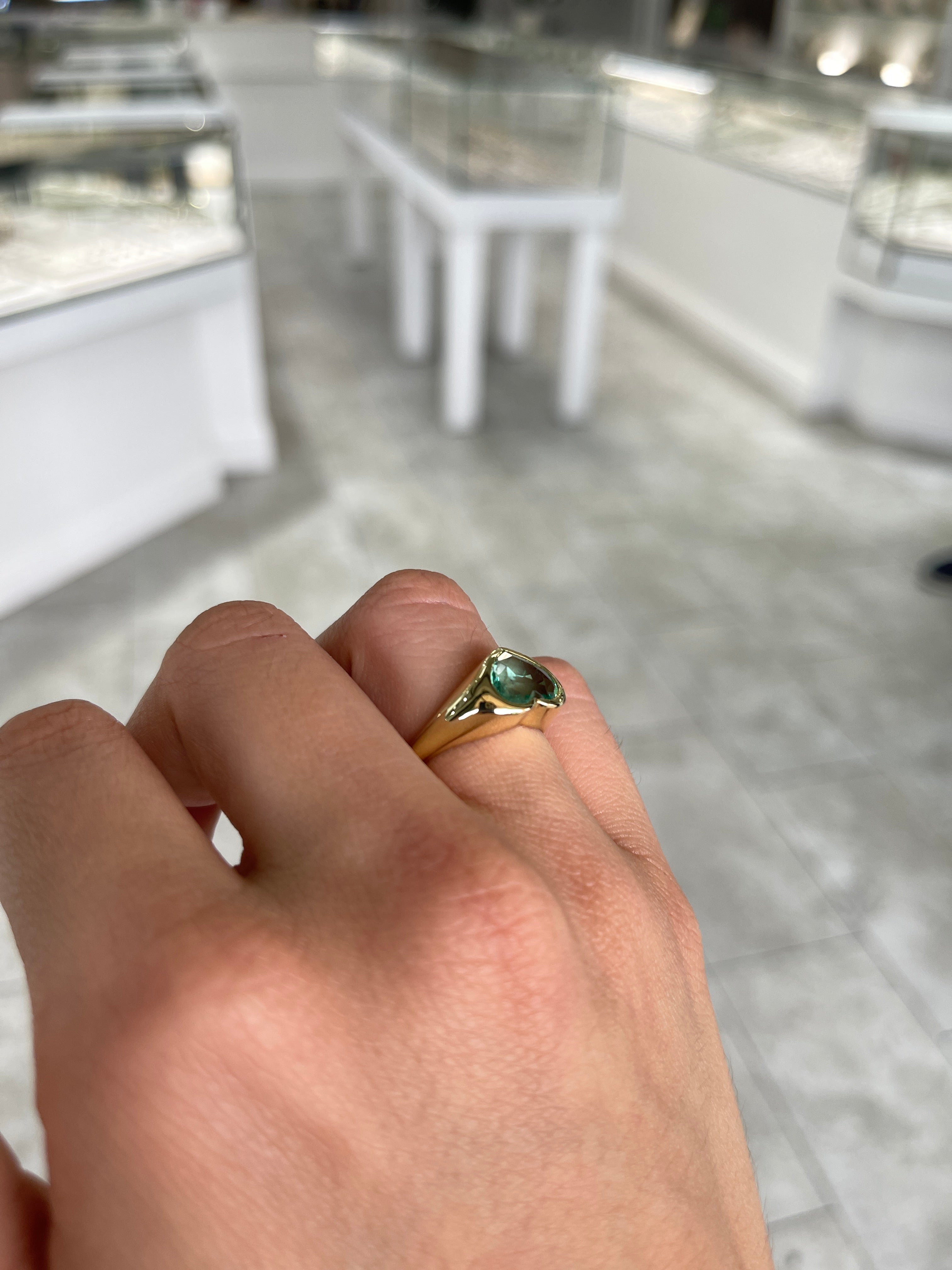 2.19 Carat Freckled Bluish Green Colombian Emerald Heart Signet Ring 18K Gold - JR Colombian Emeralds