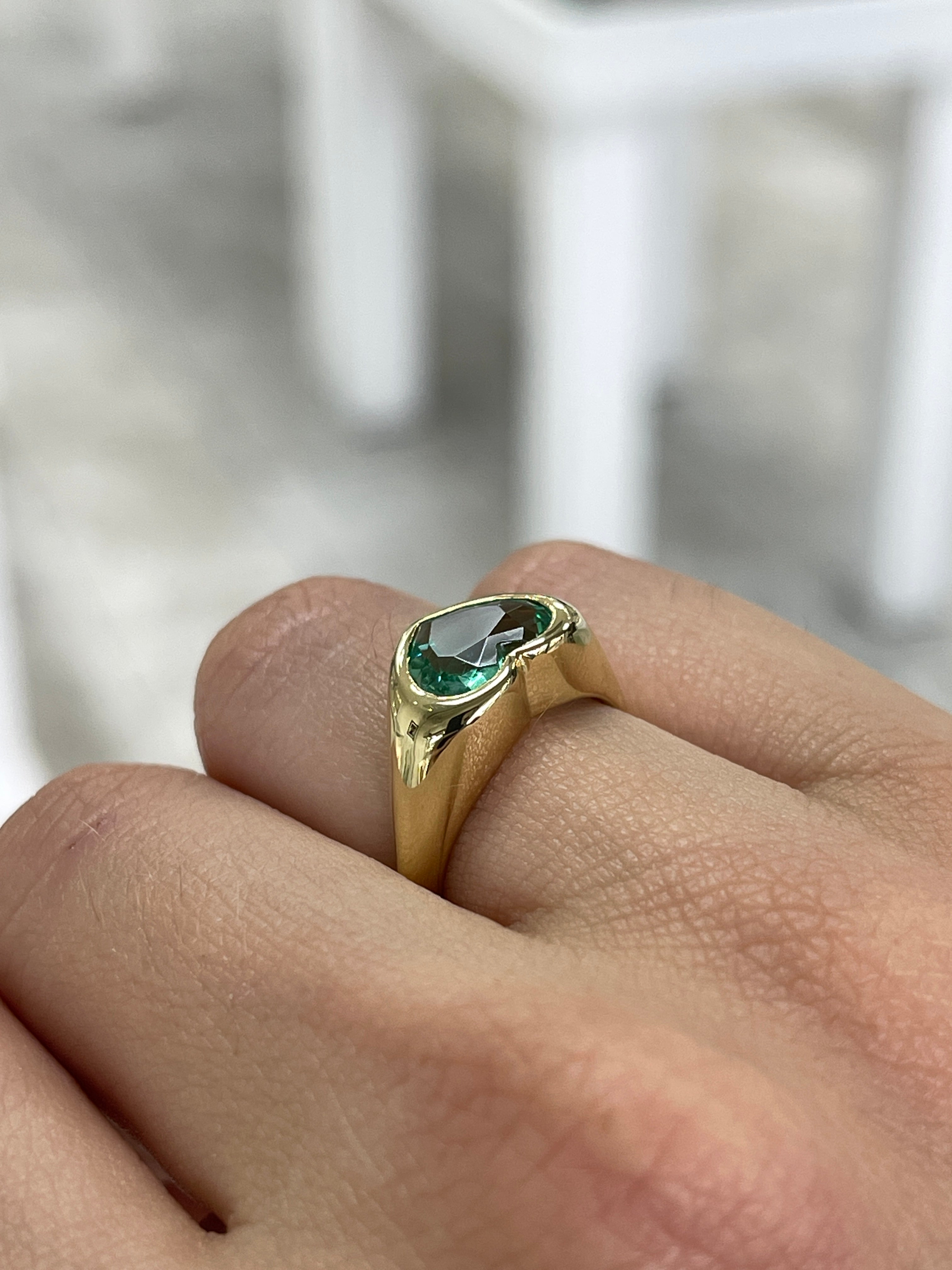 2.19 Carat Freckled Bluish Green Colombian Emerald Heart Signet Ring 18K Gold - JR Colombian Emeralds