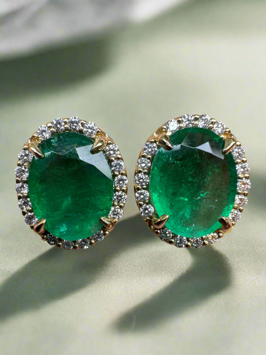 5.15tcw Oval Cut Natural Emerald & Diamond Halo Studs 14K - JR Colombian Emeralds