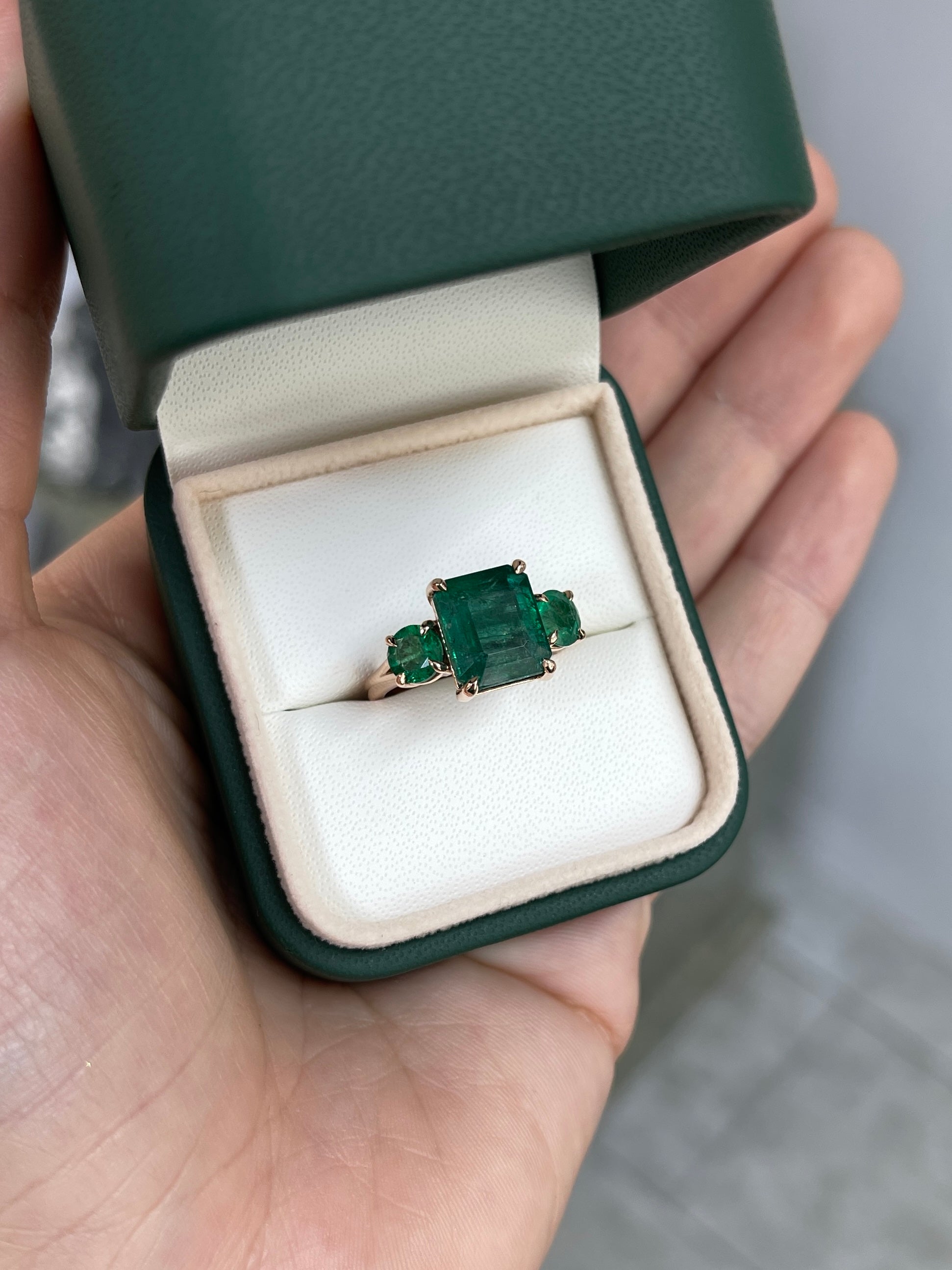 6.90tcw Natural Emerald-Emerald Cut & Round Emerald Three Stone 14K Rose Gold - JR Colombian Emeralds