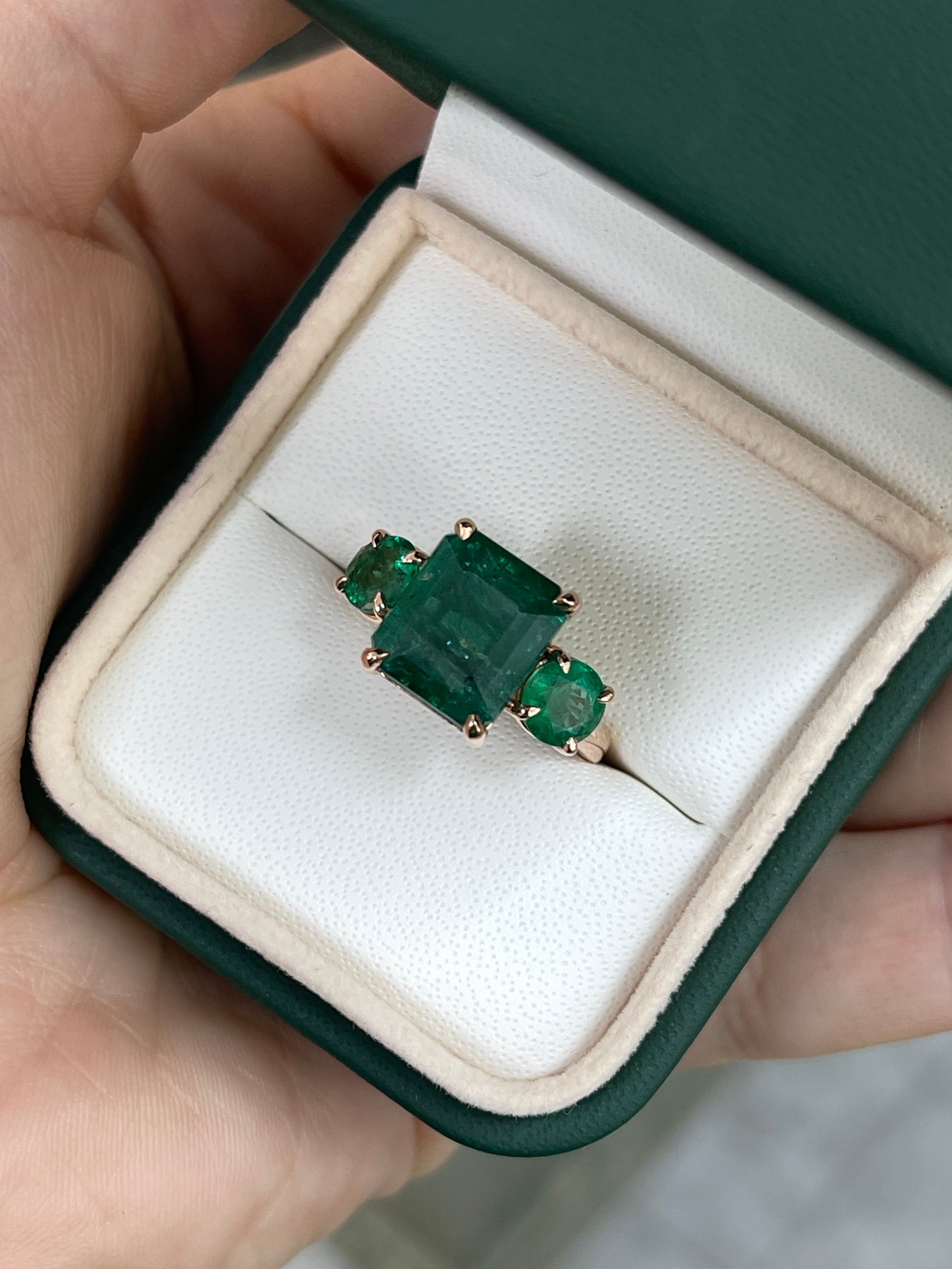 6.90tcw Natural Emerald-Emerald Cut & Round Emerald Three Stone 14K Rose Gold - JR Colombian Emeralds