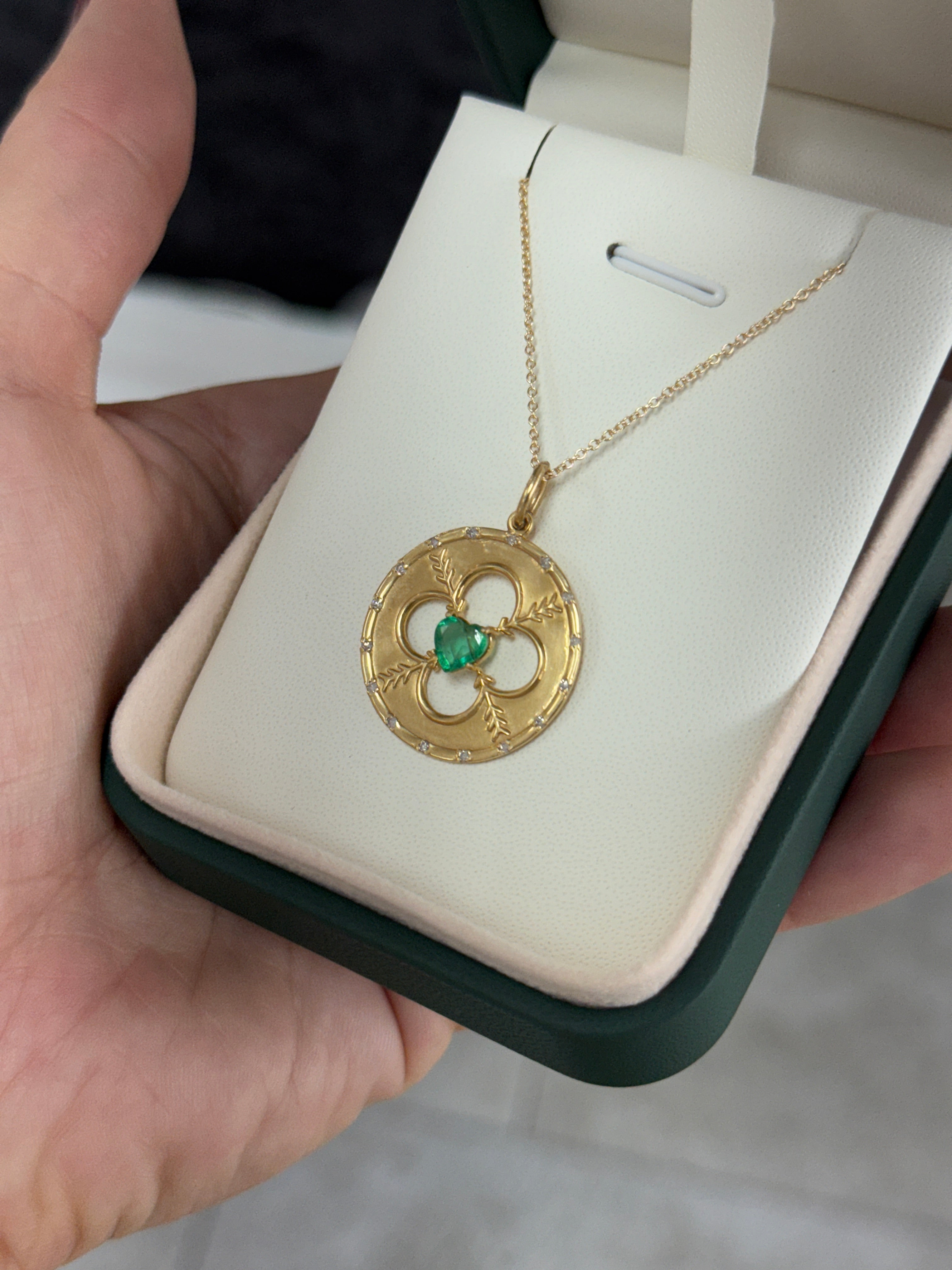 14K natural heart-cut emerald and diamond motif medallion pendant featuring 0.86tcw, crafted by JR Colombian Emeralds.