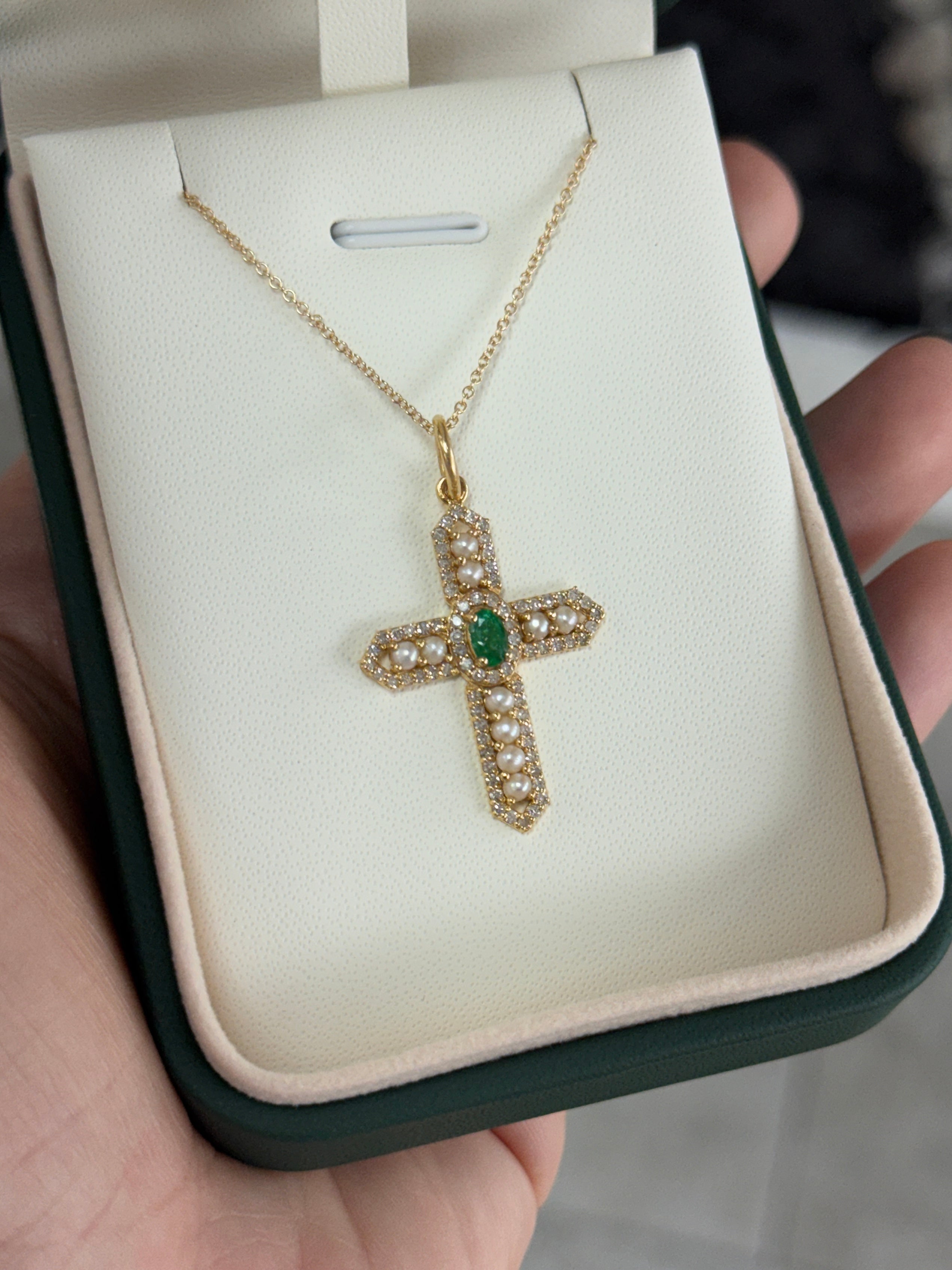 14K gold Regal cross pendant with 1.54tcw emeralds, diamonds, and pearls, featuring a detailed design from JR Colombian Emeralds.
