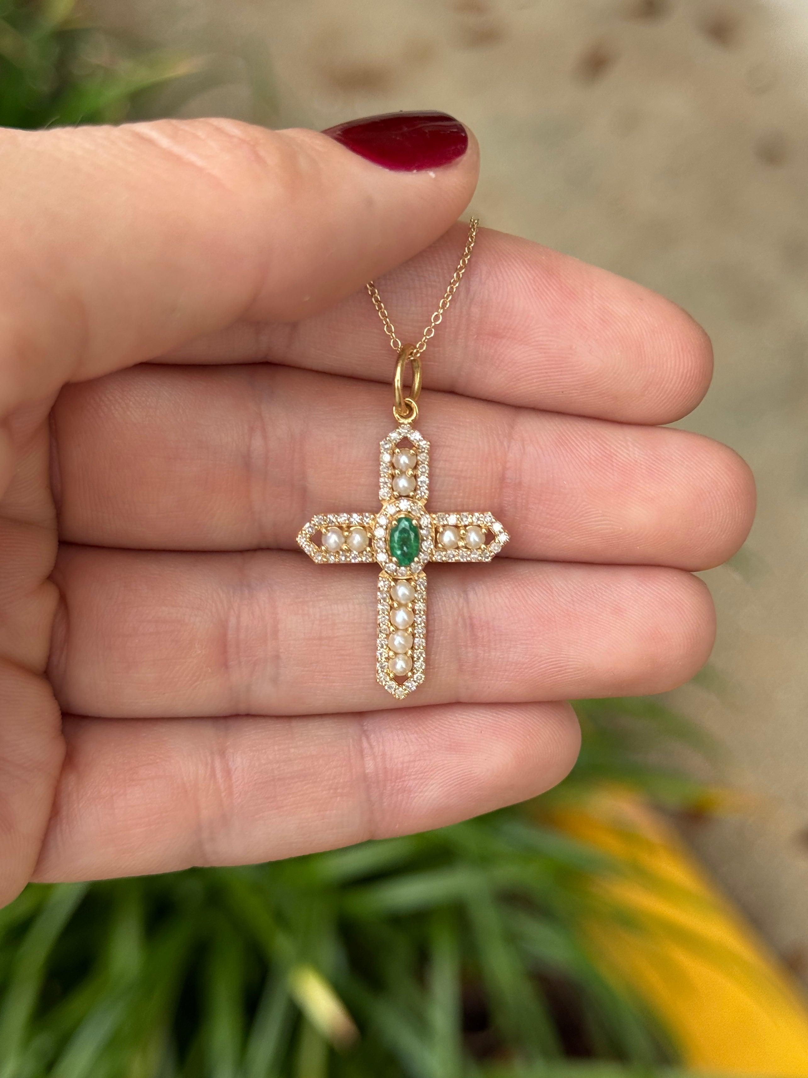14K gold cross pendant with 1.54tcw natural emerald, diamonds, and pearls by JR Colombian Emeralds, jewelry with intricate details.