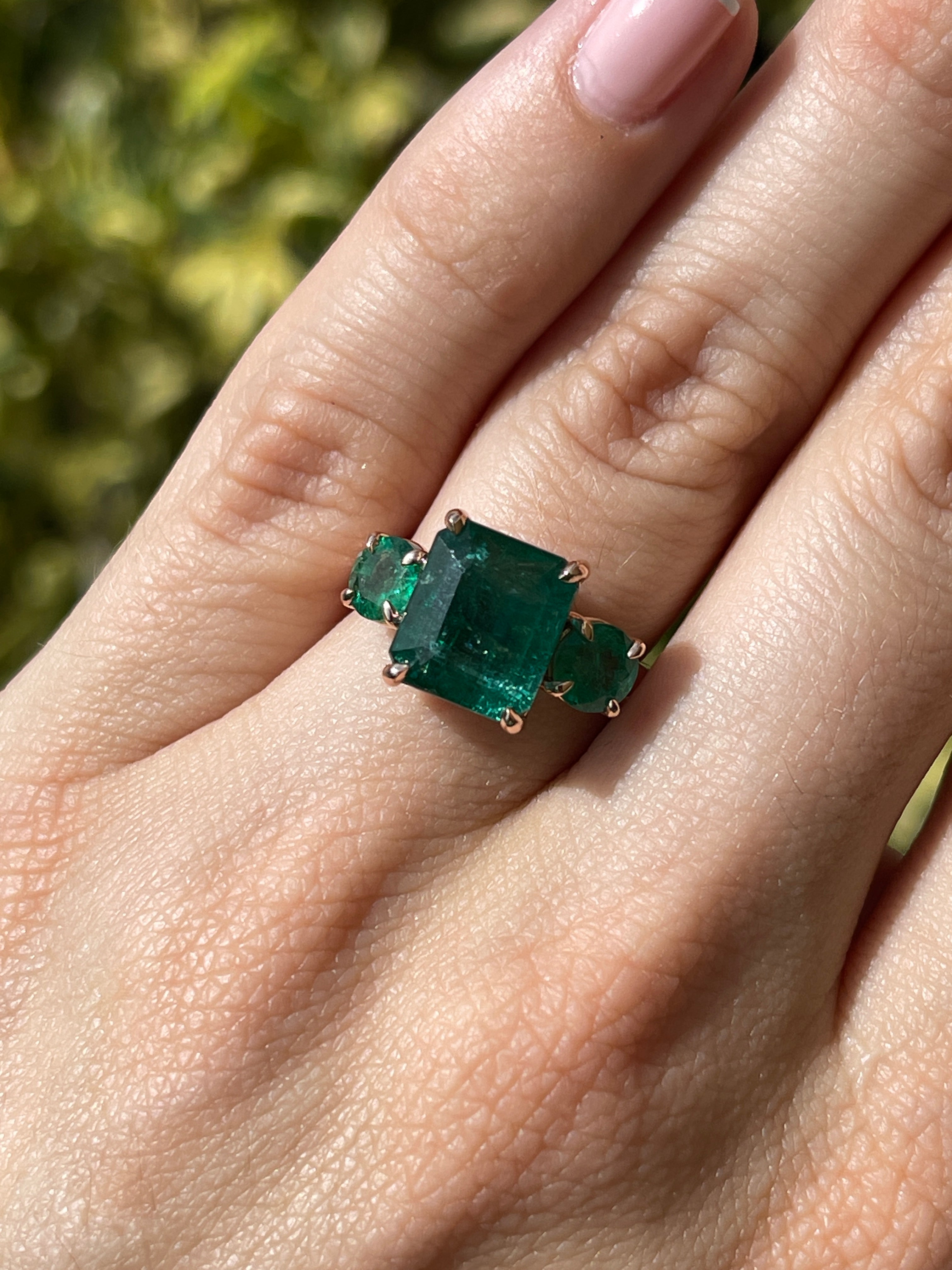 6.90tcw Natural Emerald-Emerald Cut & Round Emerald Three Stone 14K Rose Gold - JR Colombian Emeralds