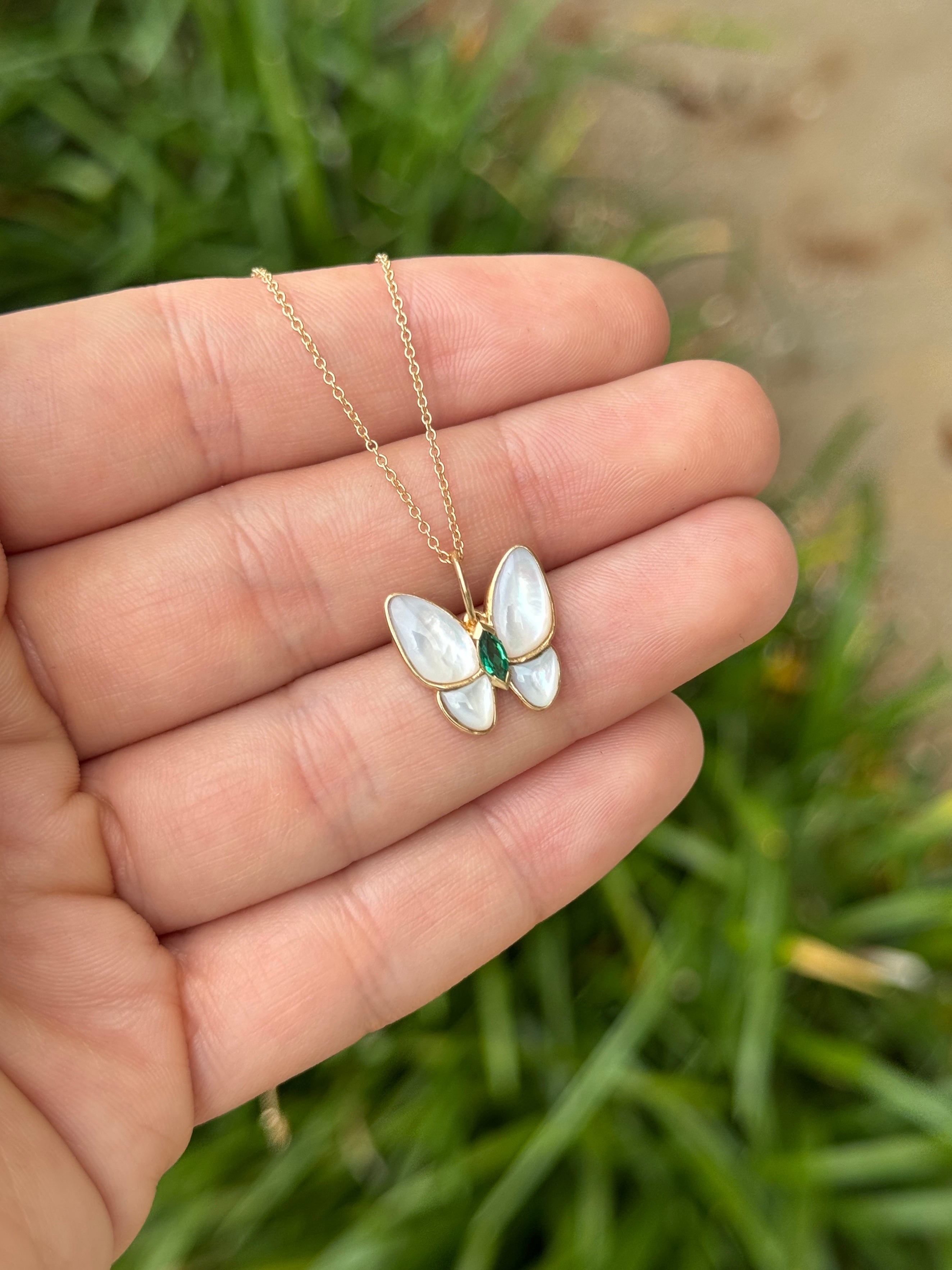 14K gold butterfly pendant with 2.90tcw marquise emerald and mother of pearl accents, jewelry by JR Colombian Emeralds