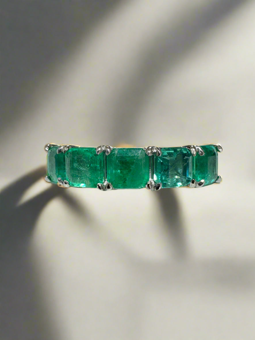 3.30tcw Platinum Natural Emerald Asscher Cut Five Stone Wedding Band Ring - JR Colombian Emeralds