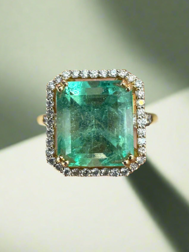 7.82tcw Natural HUGE Colombian Emerald Asscher Cut & Diamond Halo Engagement Ring 18K - JR Colombian Emeralds