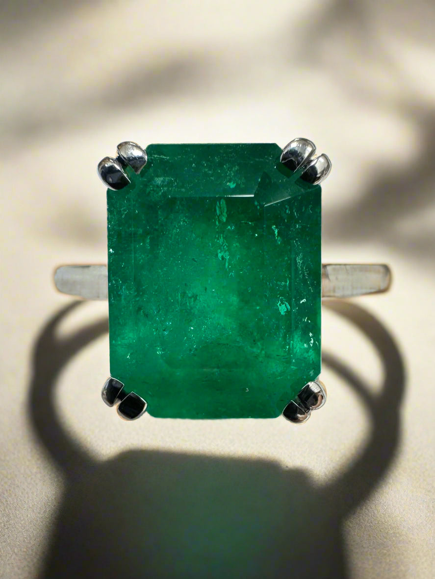 4.20ct Platinum Deep Rich Green Colombian Emerald Cut Emerald Solitaire Engagement Ring - JR Colombian Emeralds