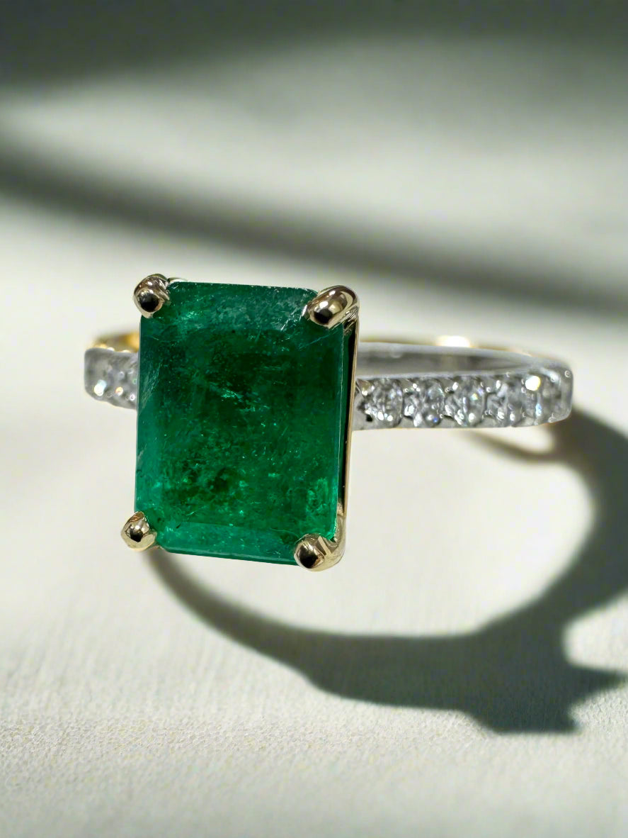 2.10tcw 14K/PLAT Natural Vivid Green Emerald & LAB Diamond Accent Engagement Ring - JR Colombian Emeralds