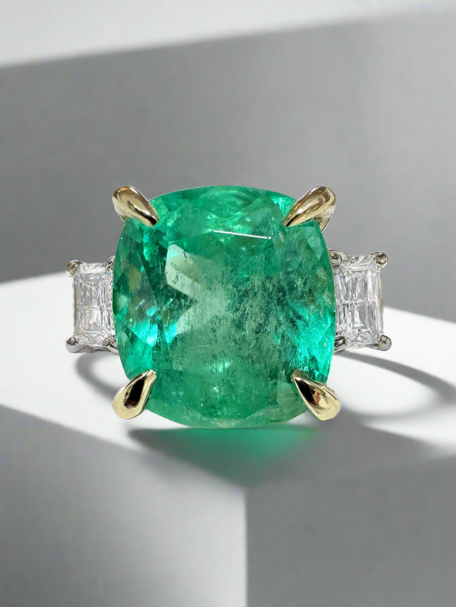 4.40tcw 14K Colombian Vivid Medium Green Cushion Cut Emerald & Emerald Cut Diamond Three Stone Ring - JR Colombian Emeralds