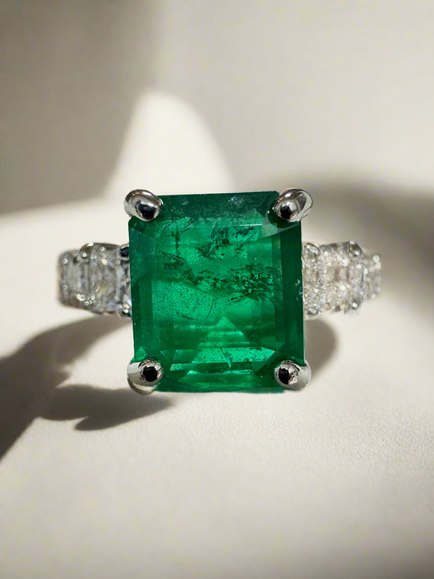 3.87tcw 14K Natural Emerald & LAB Diamond Accent Engagement Ring White Gold - JR Colombian Emeralds