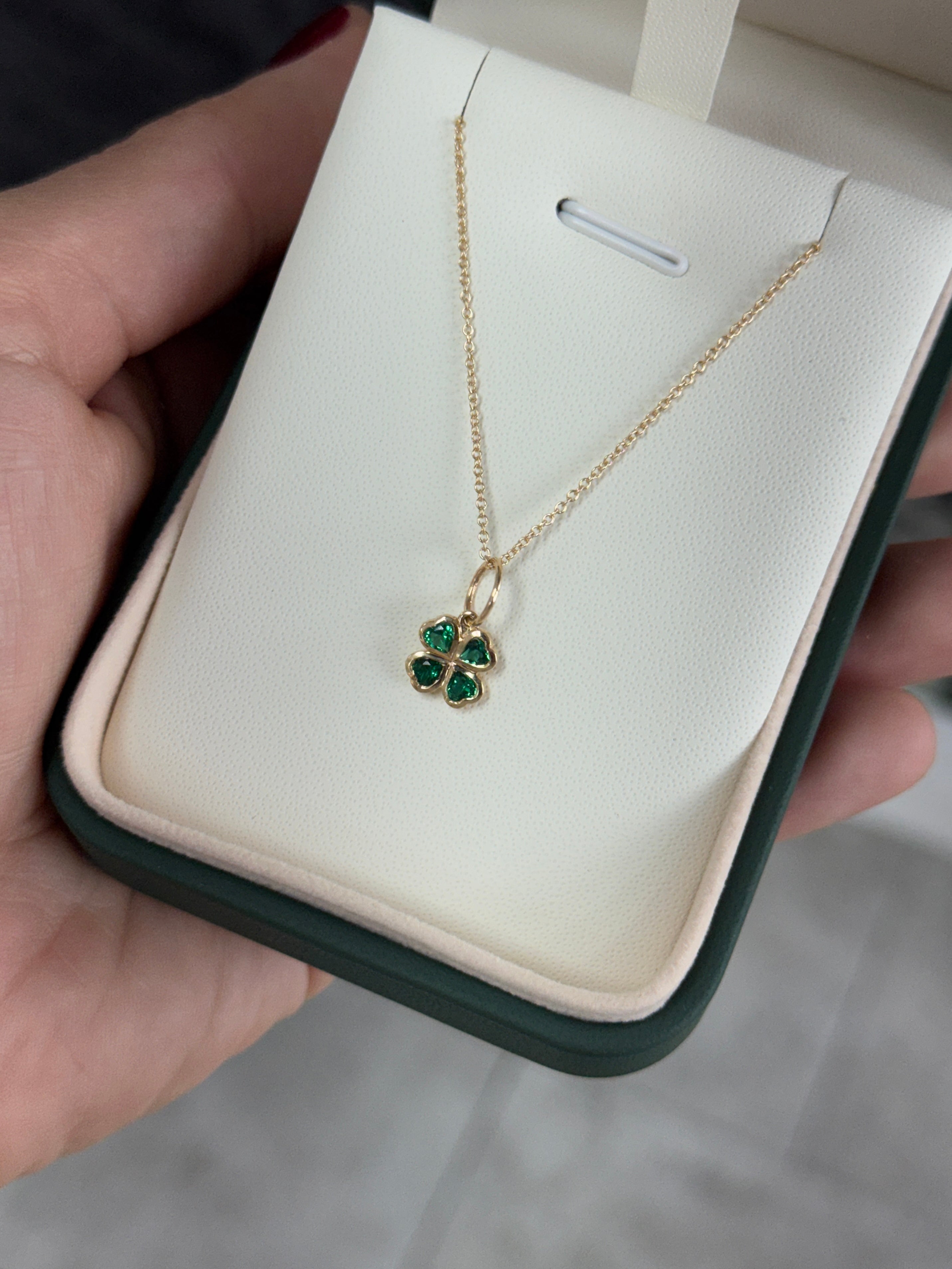14K gold emerald heart and clover charm pendant with 0.44tcw AAA+ Colombian emeralds, elegant jewelry piece by JR Colombian Emeralds.
