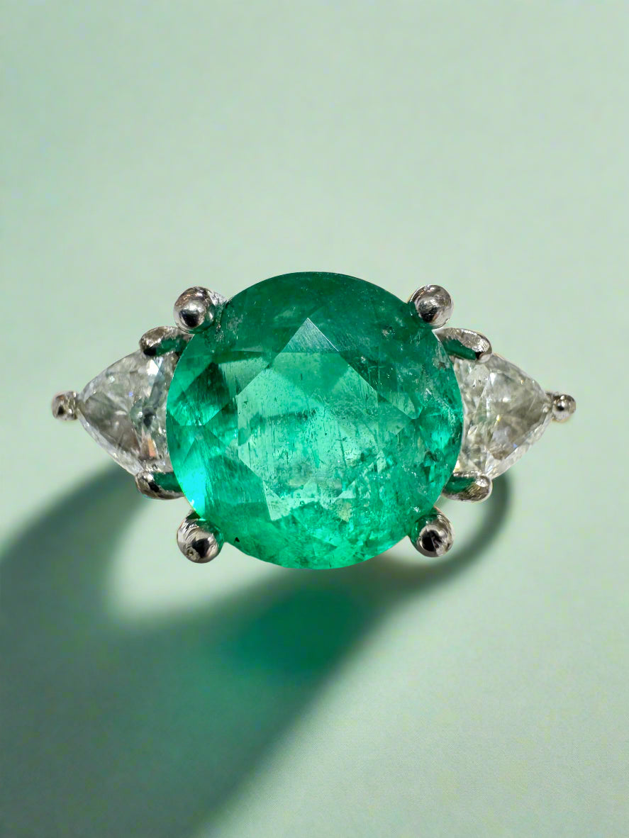 4.39tcw 14K Rare Round Colombian Emerald & Trillion Diamond Three Stone Ring - JR Colombian Emeralds