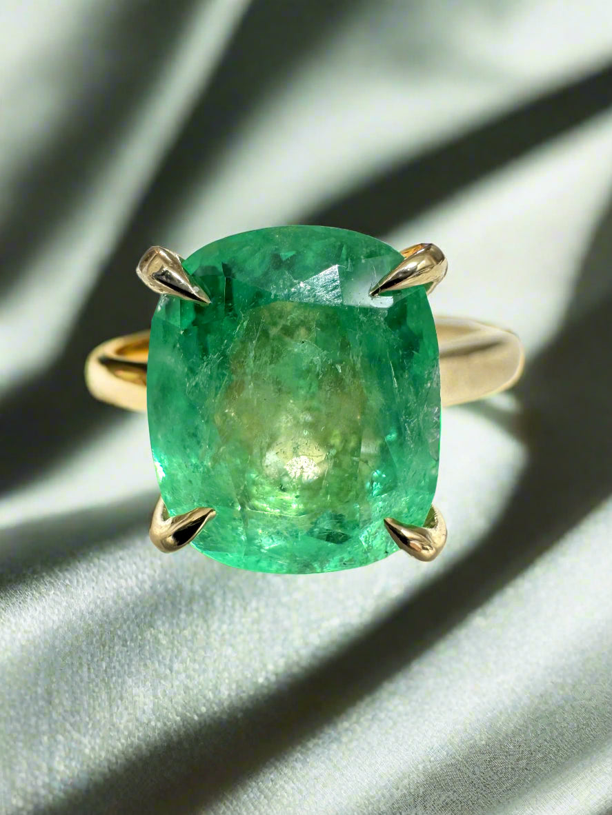 2.75ct 14K Electric Green Cushion Cut Colombian Emerald Cathedral Setting Solitaire Ring - JR Colombian Emeralds