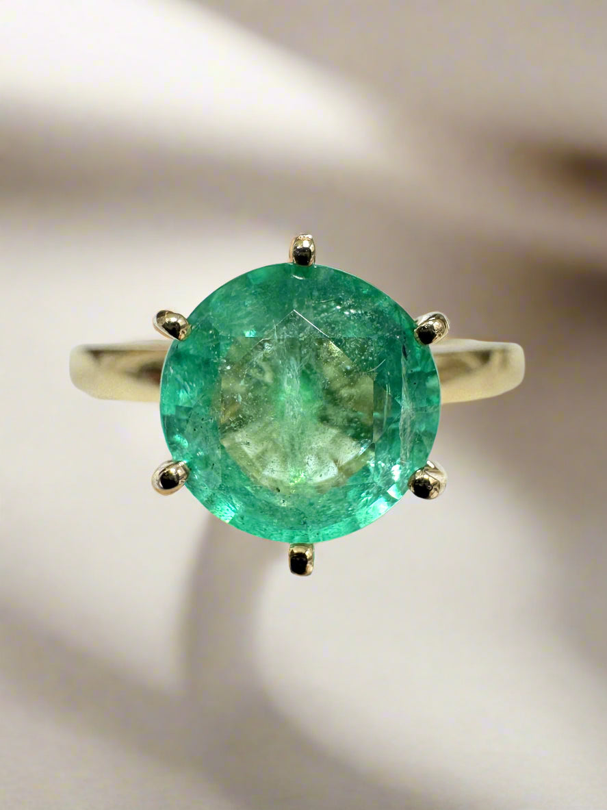 1.74ct 14K Rare Natural Round Cut Emerald Six Prong Solitaire Ring - JR Colombian Emeralds