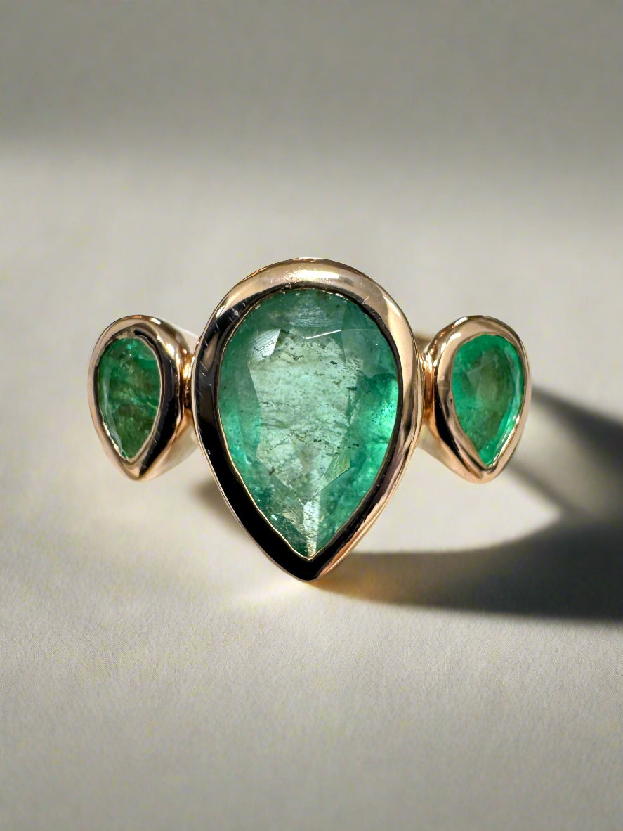 1.50tcw Natural Pear Emerald Trilogy Three Stone Ring Rose Gold 10K