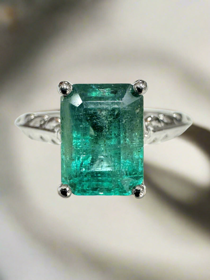 2.55ct Natural Bluish Green Emerald Cut Emerald Solitaire Floral Right Hand Ring 14K White Gold - JR Colombian Emeralds