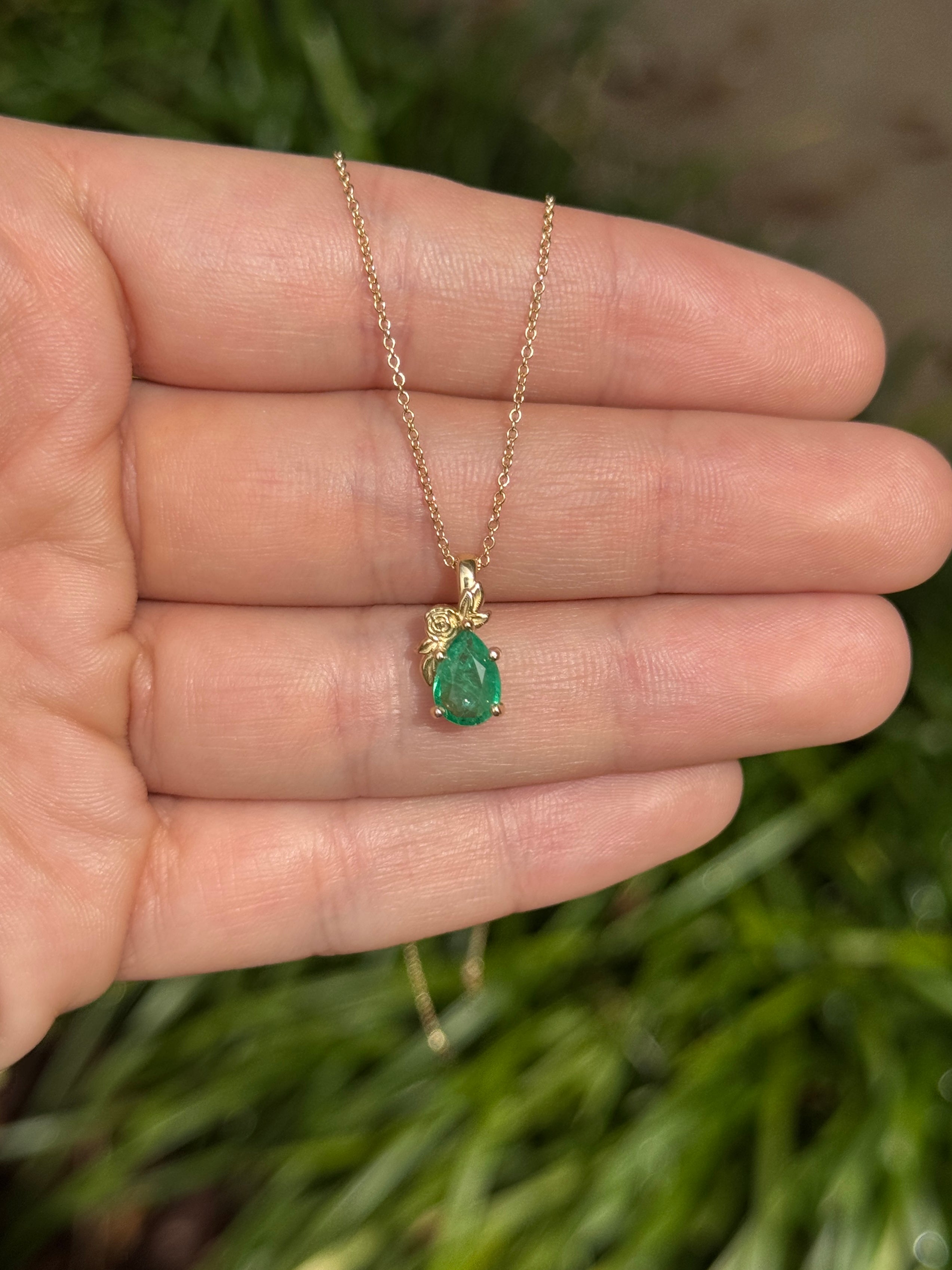 14K natural medium green pear cut emerald pendant necklace with floral solitaire setting by JR Colombian Emeralds.