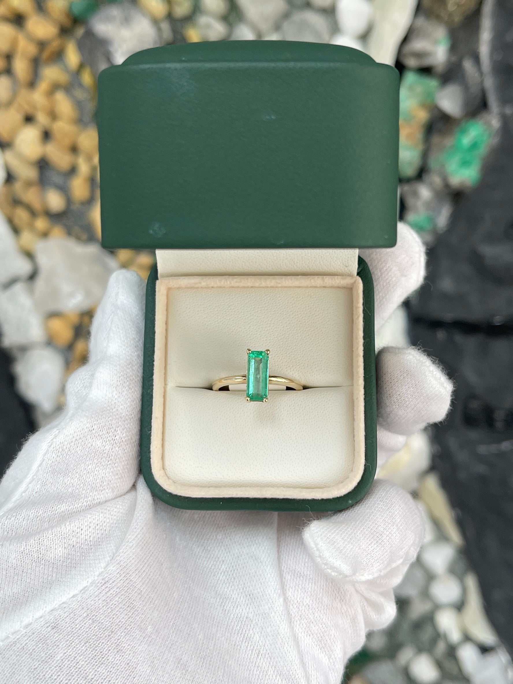 Elongated Emerald Cut Colombian Emerald 1.90cts Solitaire 14K Gold Four Prong Ring