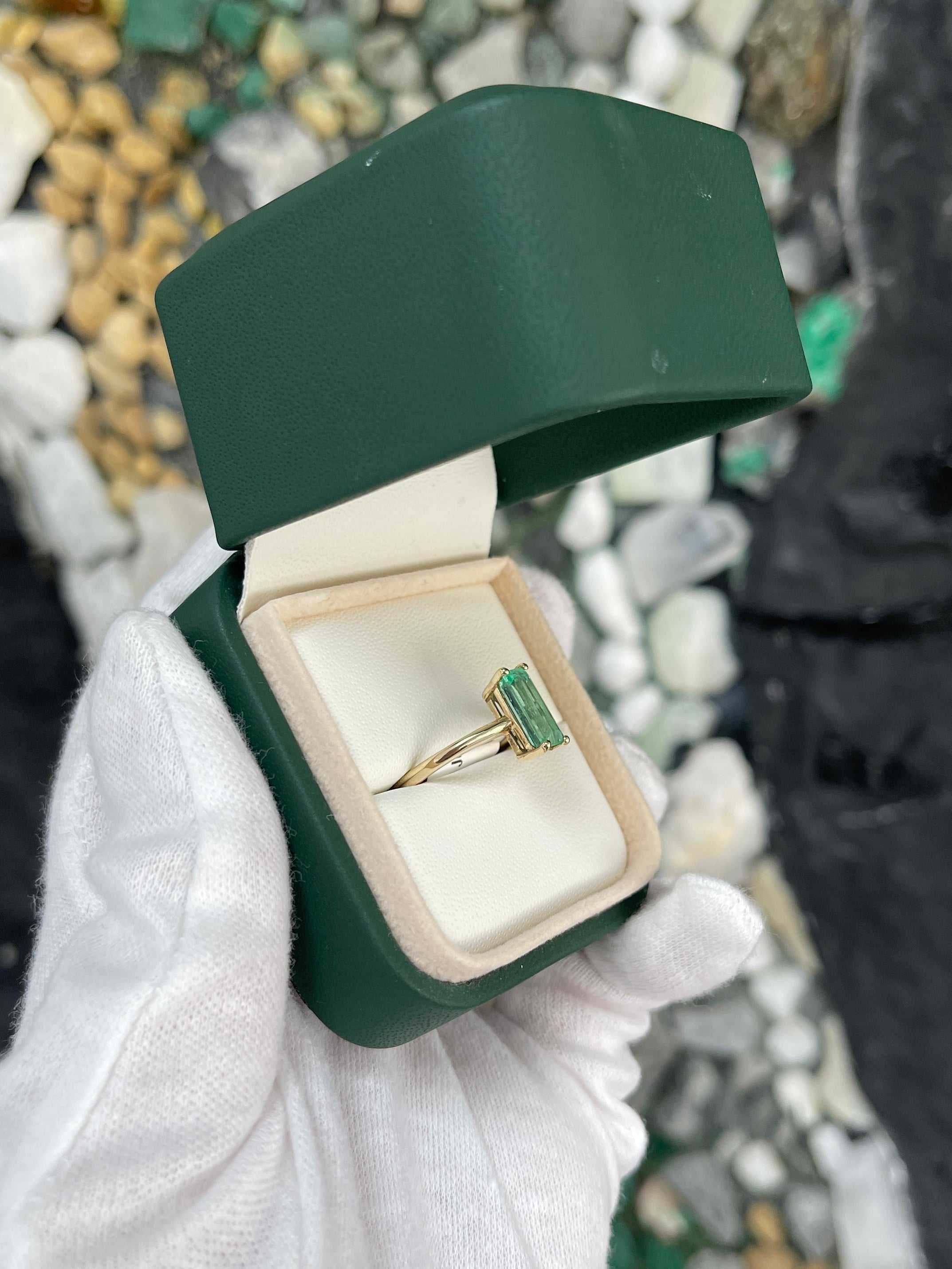 Elongated Emerald Cut Colombian Emerald 1.90cts Solitaire 14K Gold Four Prong Ring