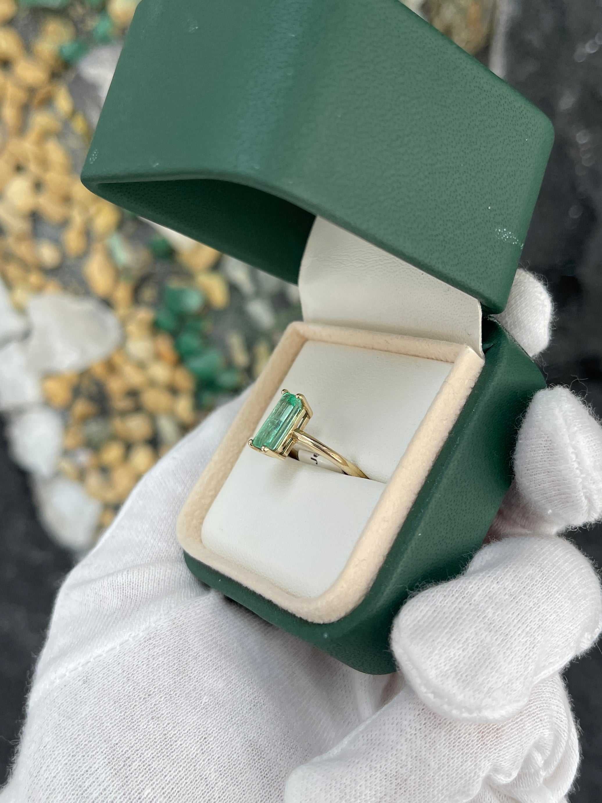 Elongated Emerald Cut Colombian Emerald 1.90cts Solitaire 14K Gold Four Prong Ring