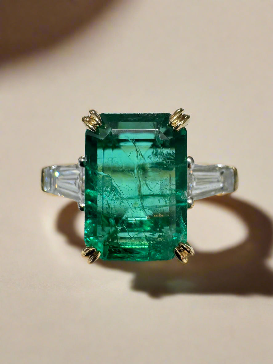3.28tcw 14K Two Toned Natural Emerald Cut Emerald & Baguette Diamond Three Stone Engagement Ring - JR Colombian Emeralds