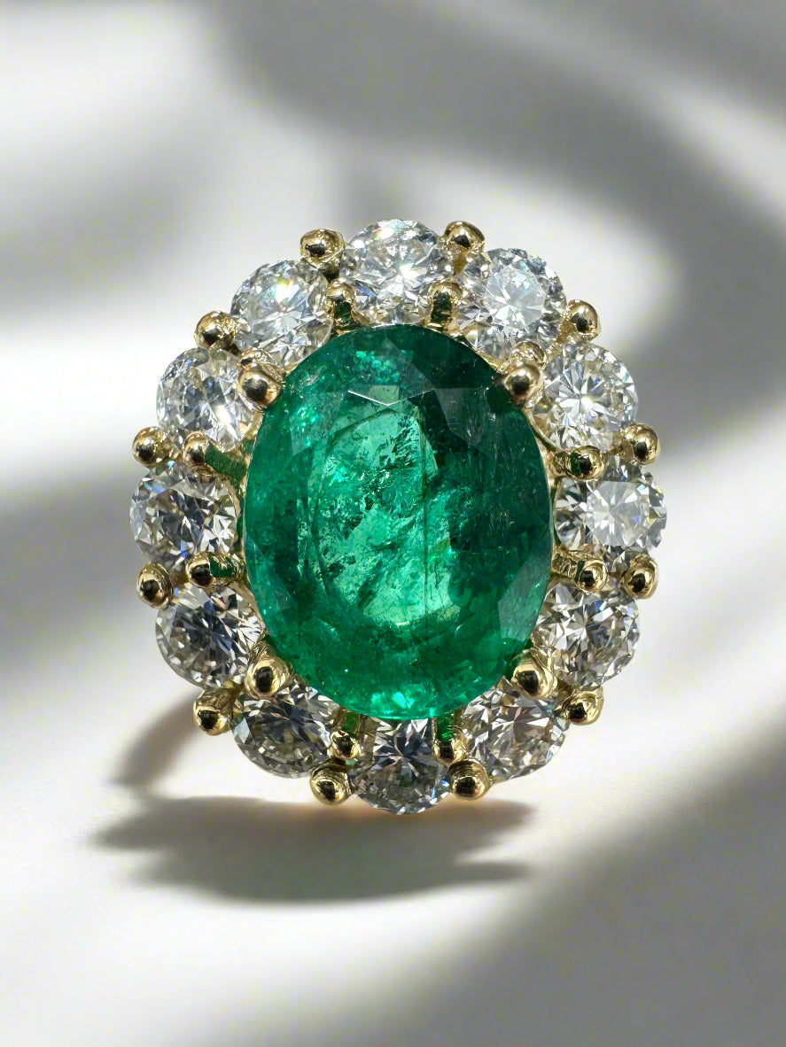 5.90tcw 14K Natural Oval Cut Emerald & LAB Jumbo Diamond Halo Right Hand Ring - JR Colombian Emeralds