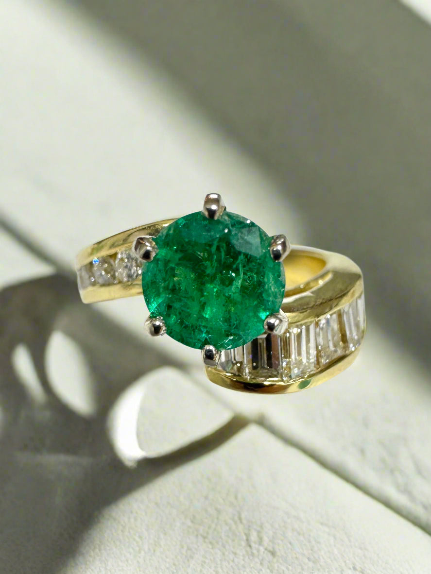 2.52tcw 18K Natural Round Emerald & Baguette Round Diamond Accent Right Hand Ring - JR Colombian Emeralds