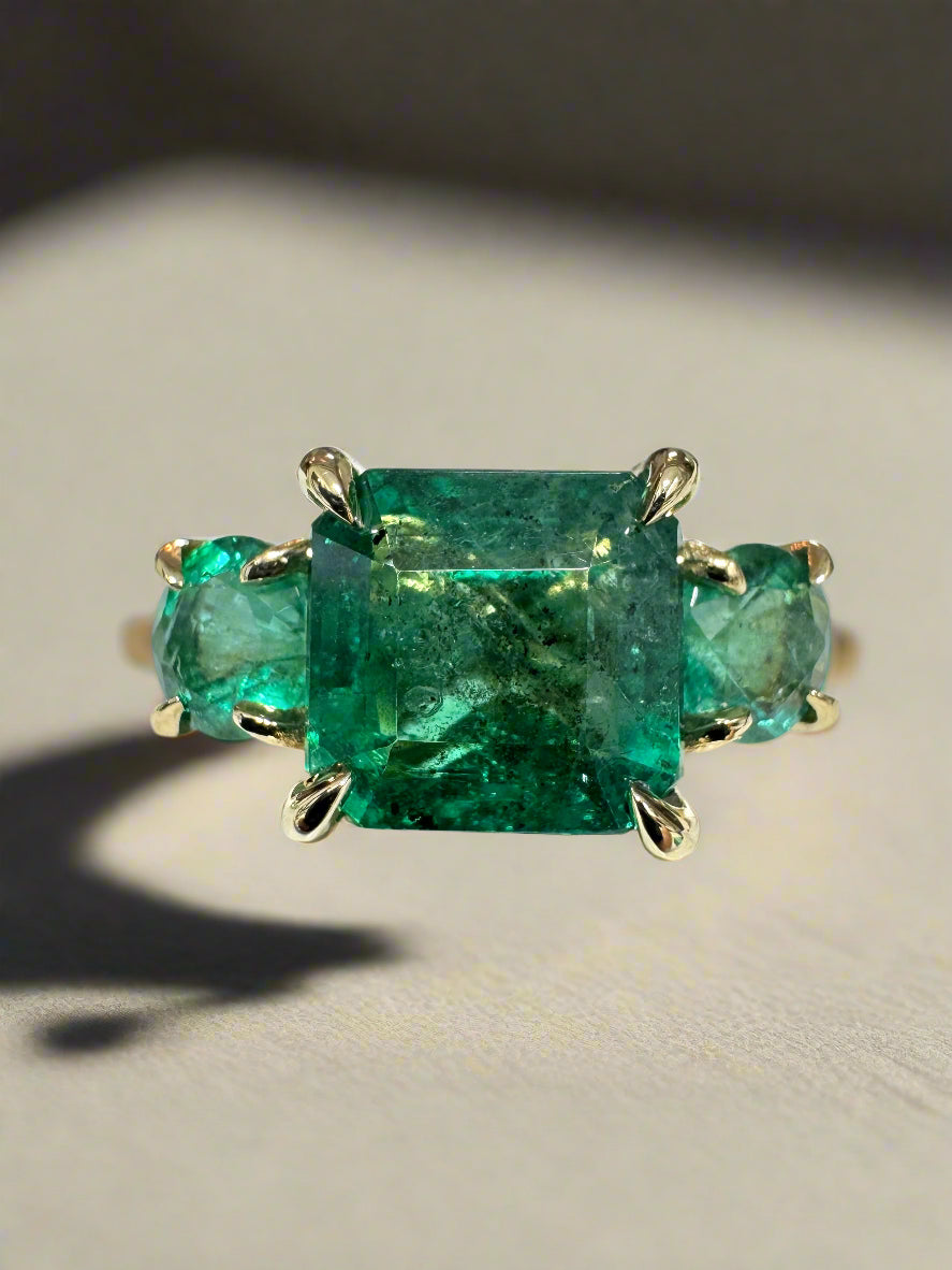 5.80tcw 14K Rich Green Natural Emerald All Emerald Three Stone Ring - JR Colombian Emeralds