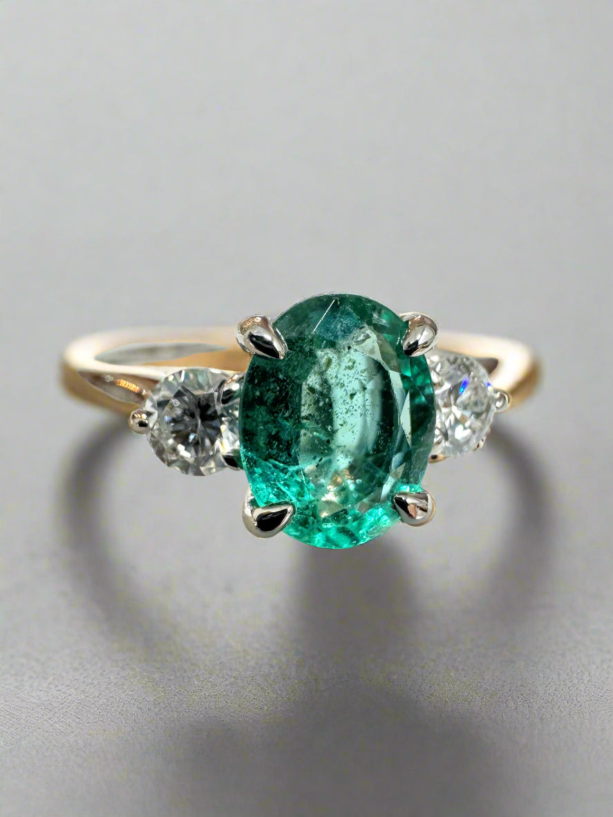 1.50tcw 14K Natural Bluish-Green Oval Cut Emerald & Brilliant Round LAB Diamond Three Stone Ring - JR Colombian Emeralds