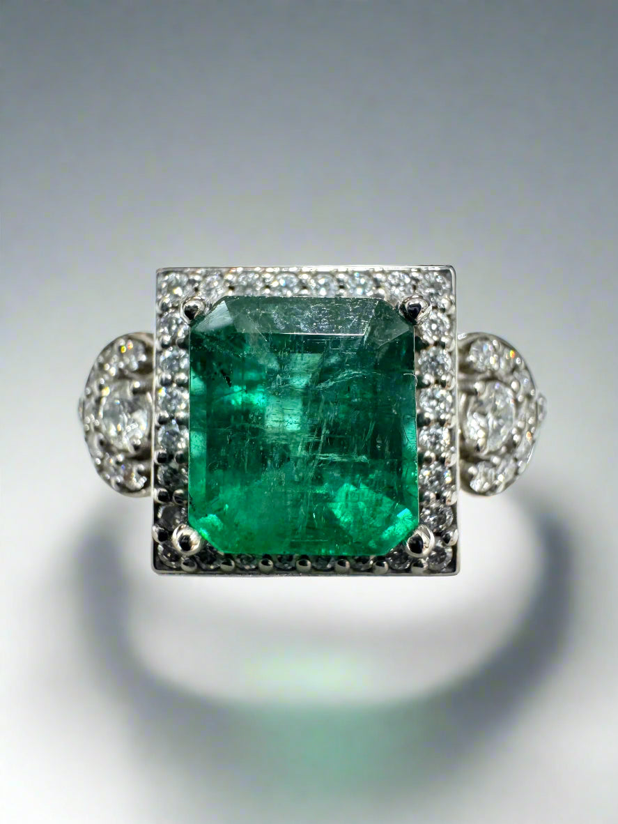2.20tcw 14K Rich Green Asscher Emerald & Diamond Halo Accent Engagement Ring - JR Colombian Emeralds