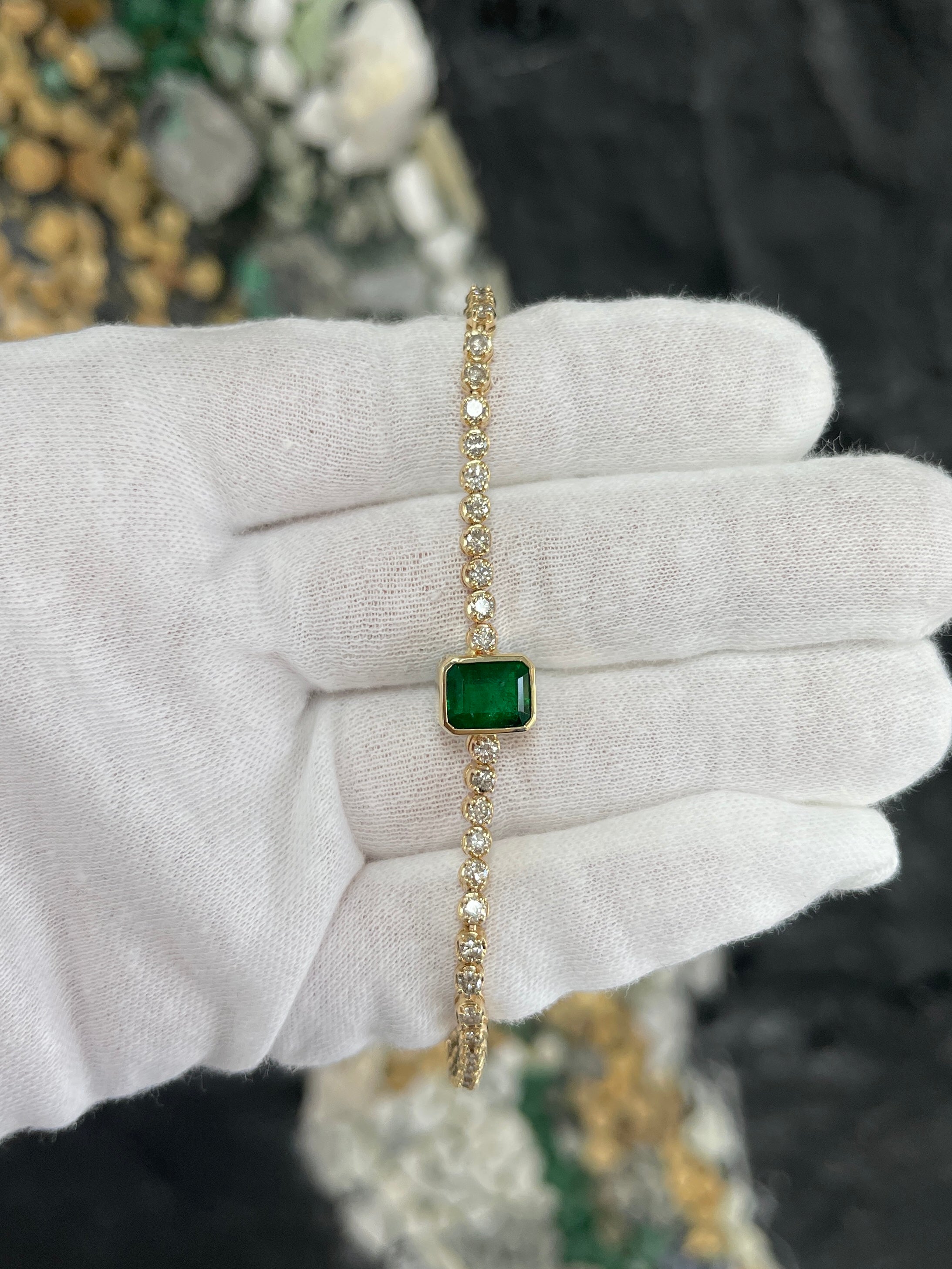 5.86tcw Vivid Green Bezel Emerald & Diamond Tennis Bracelet 14K