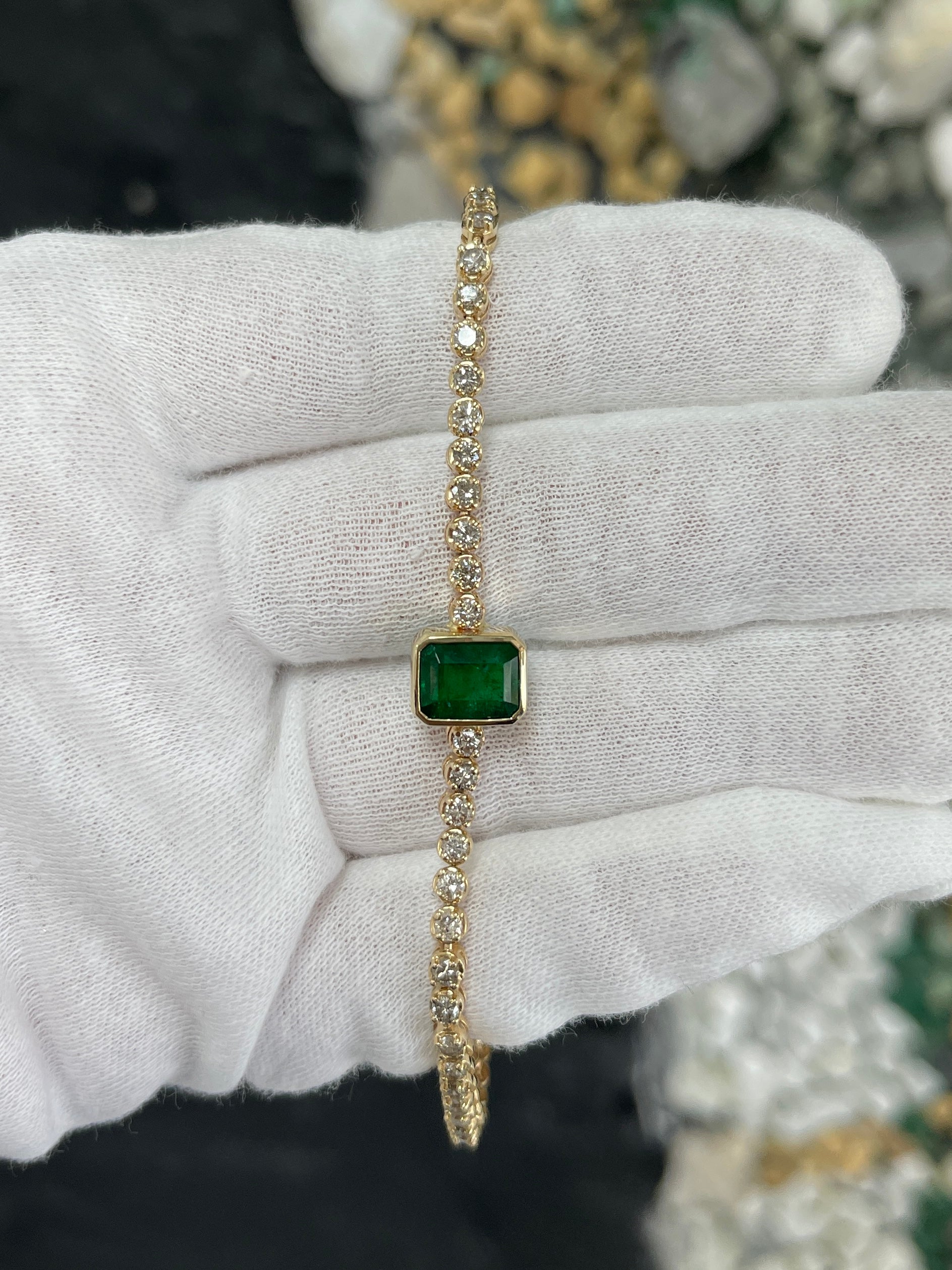 5.86tcw Vivid Green Bezel Emerald & Diamond Tennis Bracelet 14K