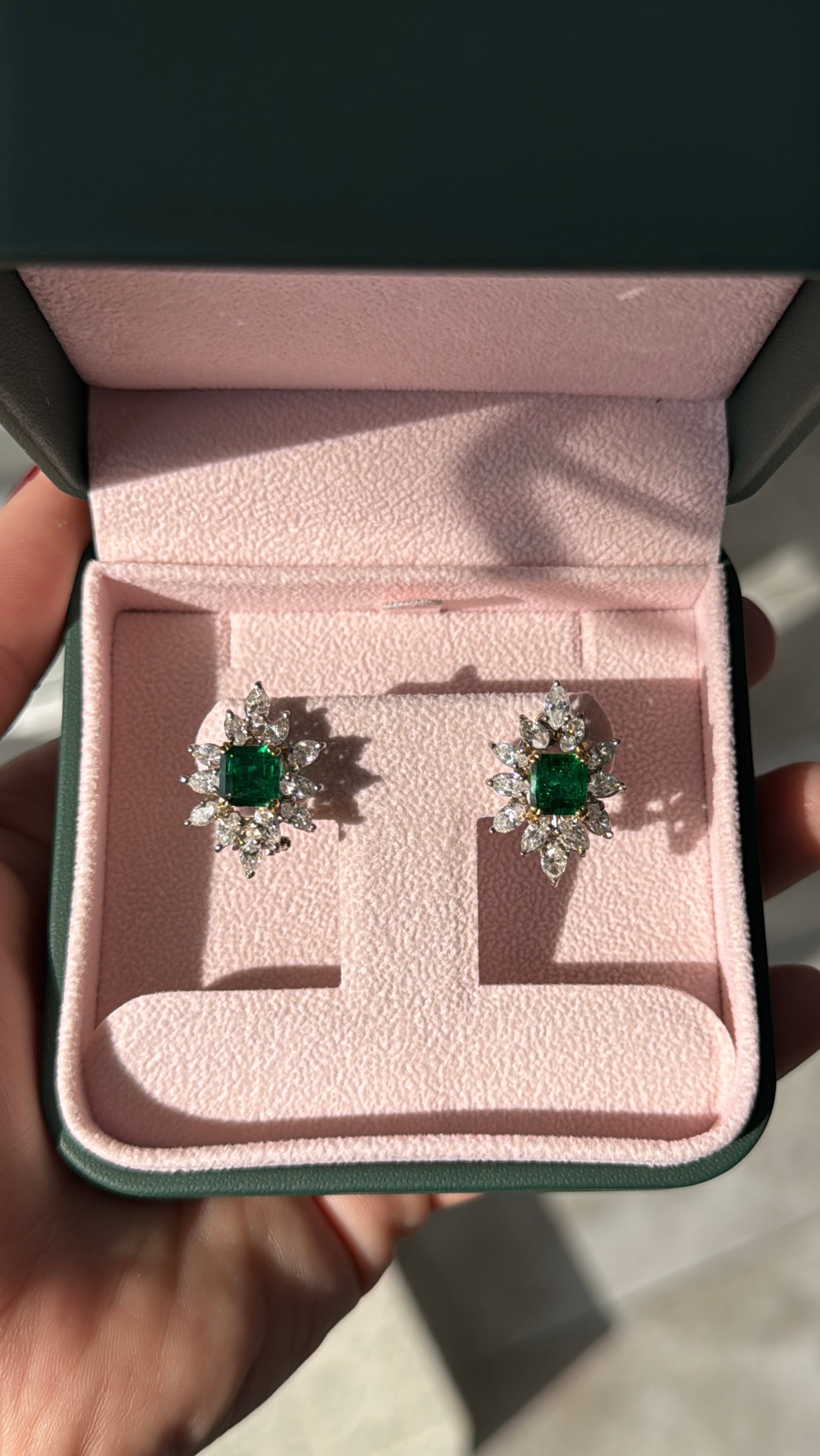 18K gold starburst cocktail earrings with 7.92 carats of rich emeralds and diamonds by JR Colombian Emeralds