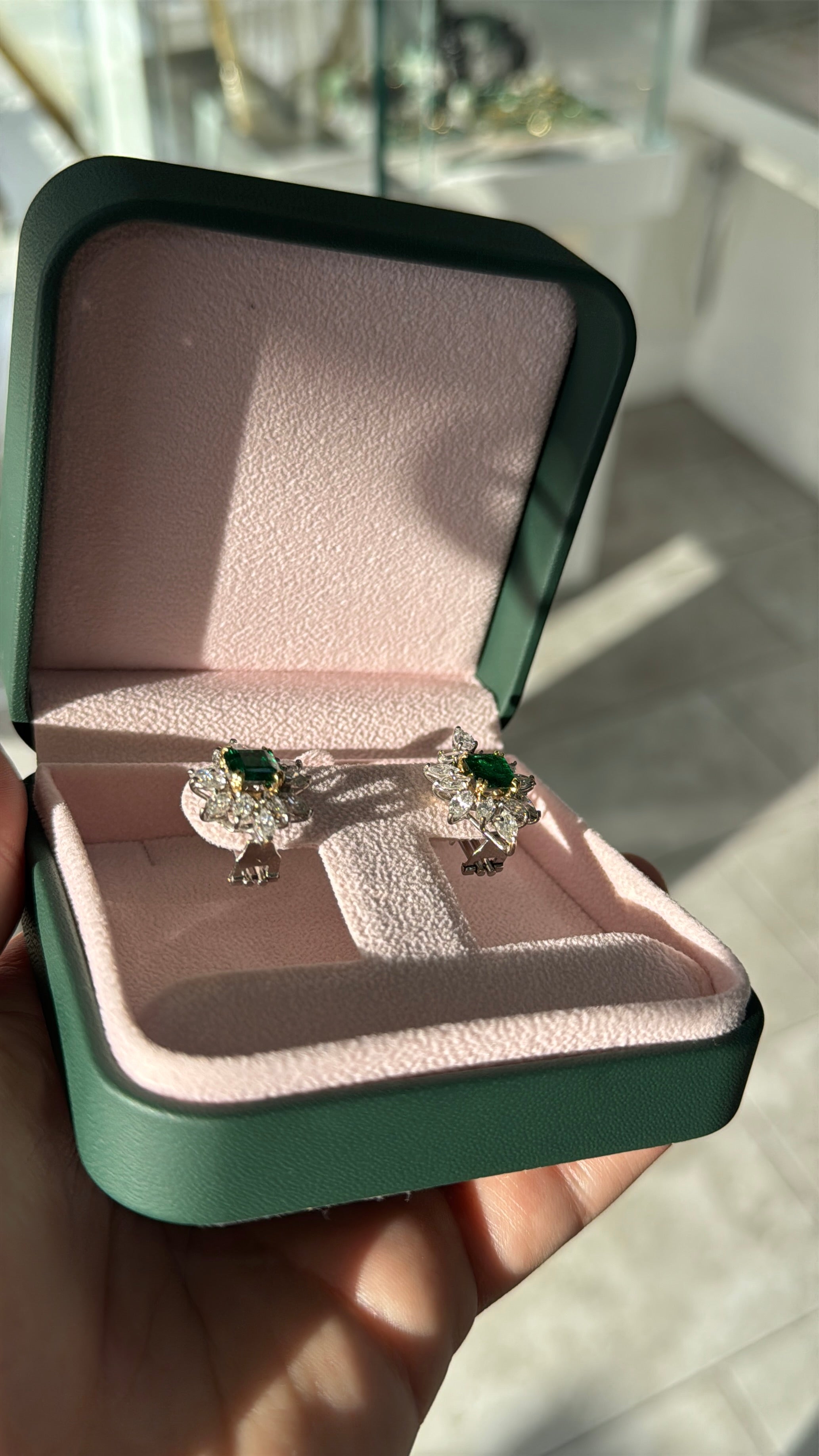 18K AAA+ rich emerald and diamond starburst cocktail earrings with 7.92tcw from JR Colombian Emeralds, detailed close-up image.