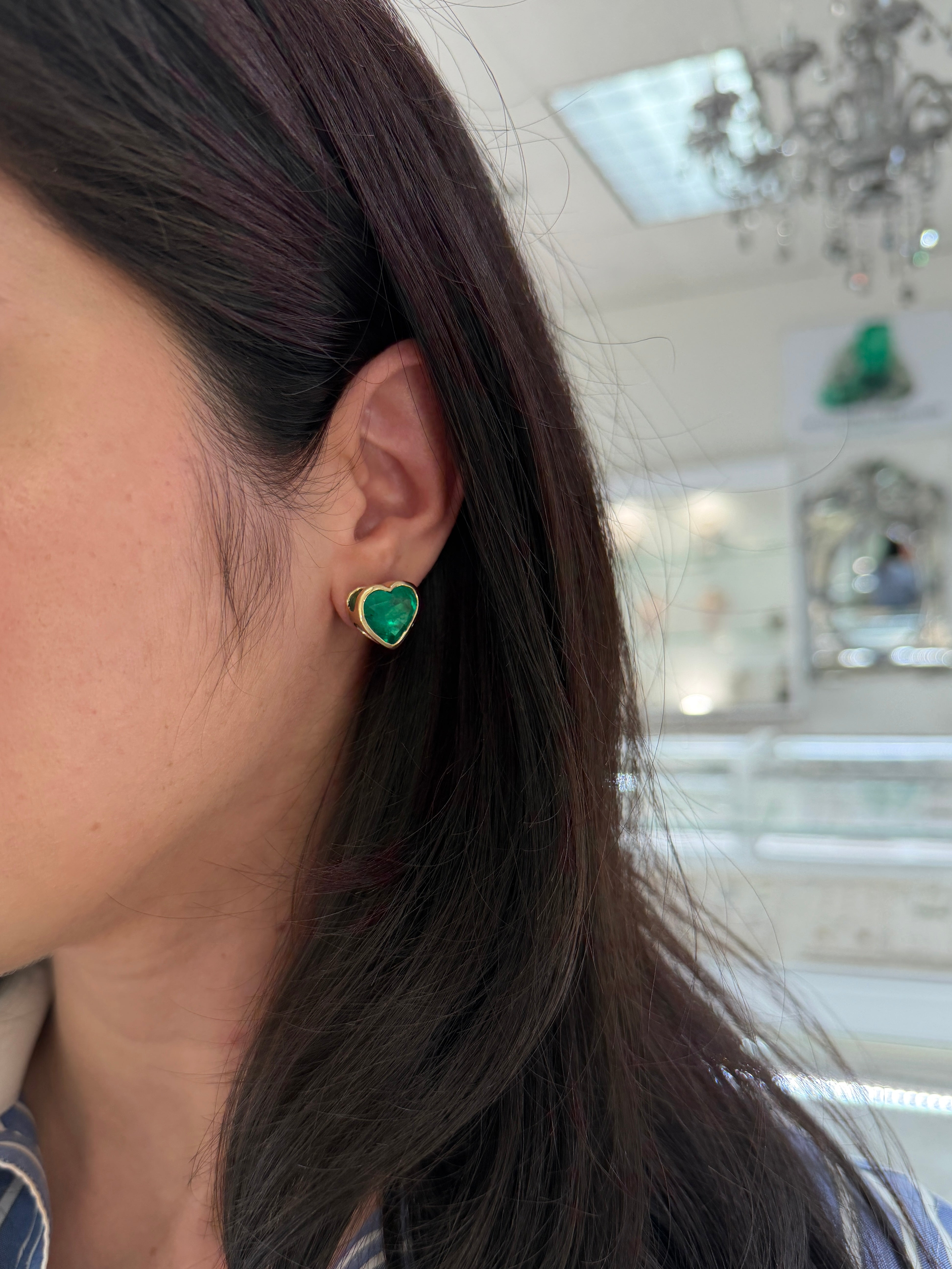 13.60tcw AAA Vivid Colombian Emerald Bezel Set Heart Studs 18K