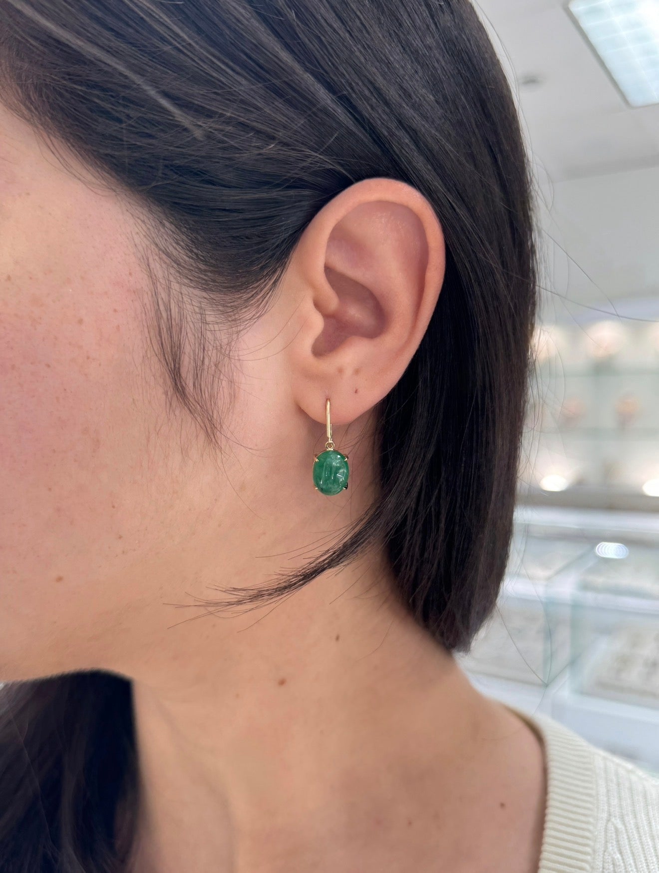 8.55tcw Oval Cabochon Emerald French Hook Earrings 14K