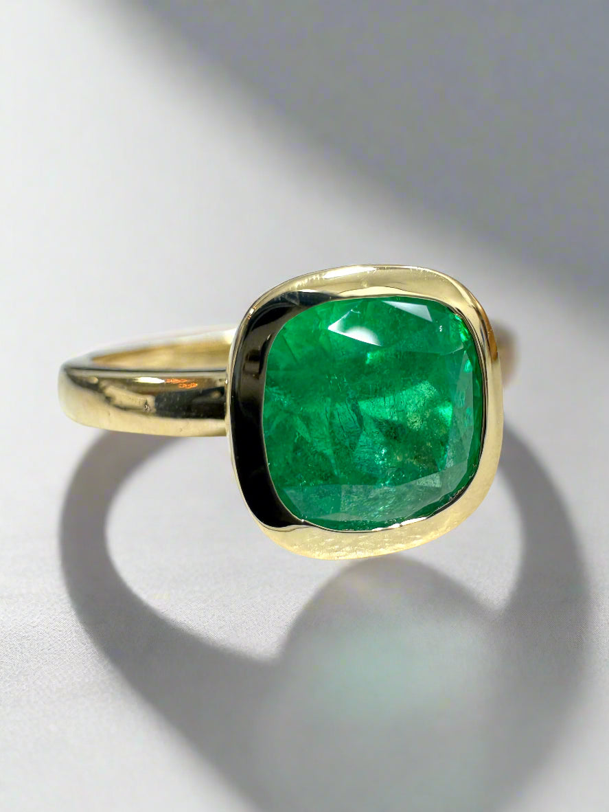 1.82ct 18K Bezel Set Muzo Cushion Cut Colombian Emerald Solitaire Ring - JR Colombian Emeralds