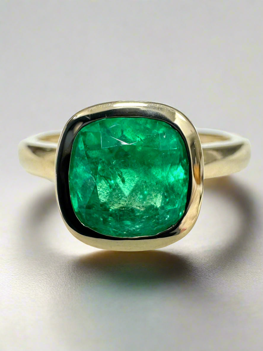 1.82ct 18K Bezel Set Muzo Cushion Cut Colombian Emerald Solitaire Ring - JR Colombian Emeralds