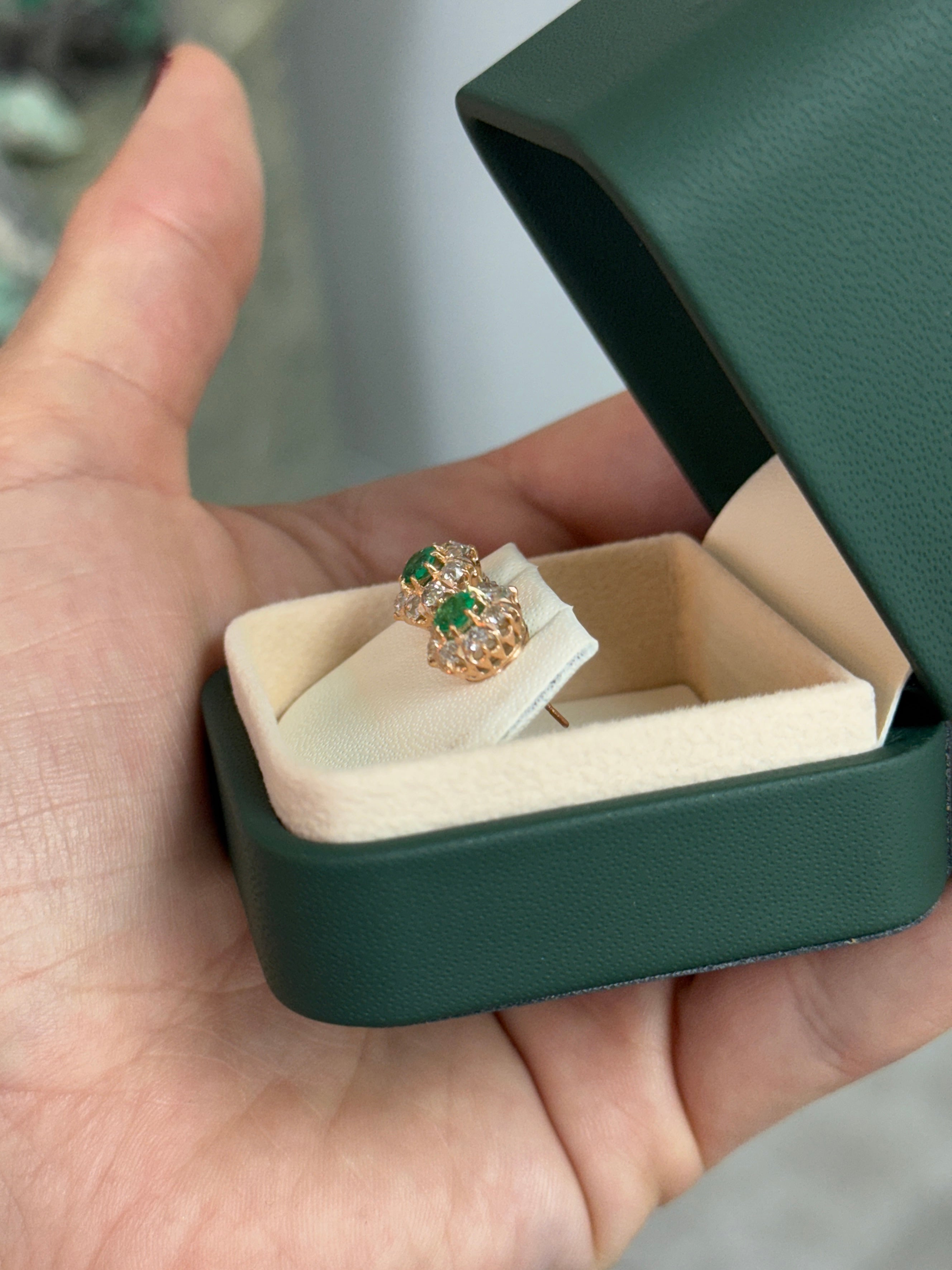 Vivid Colombian Emerald Halo Stud Earrings with Old European Cut diamonds in 14K gold by JR Colombian Emeralds.