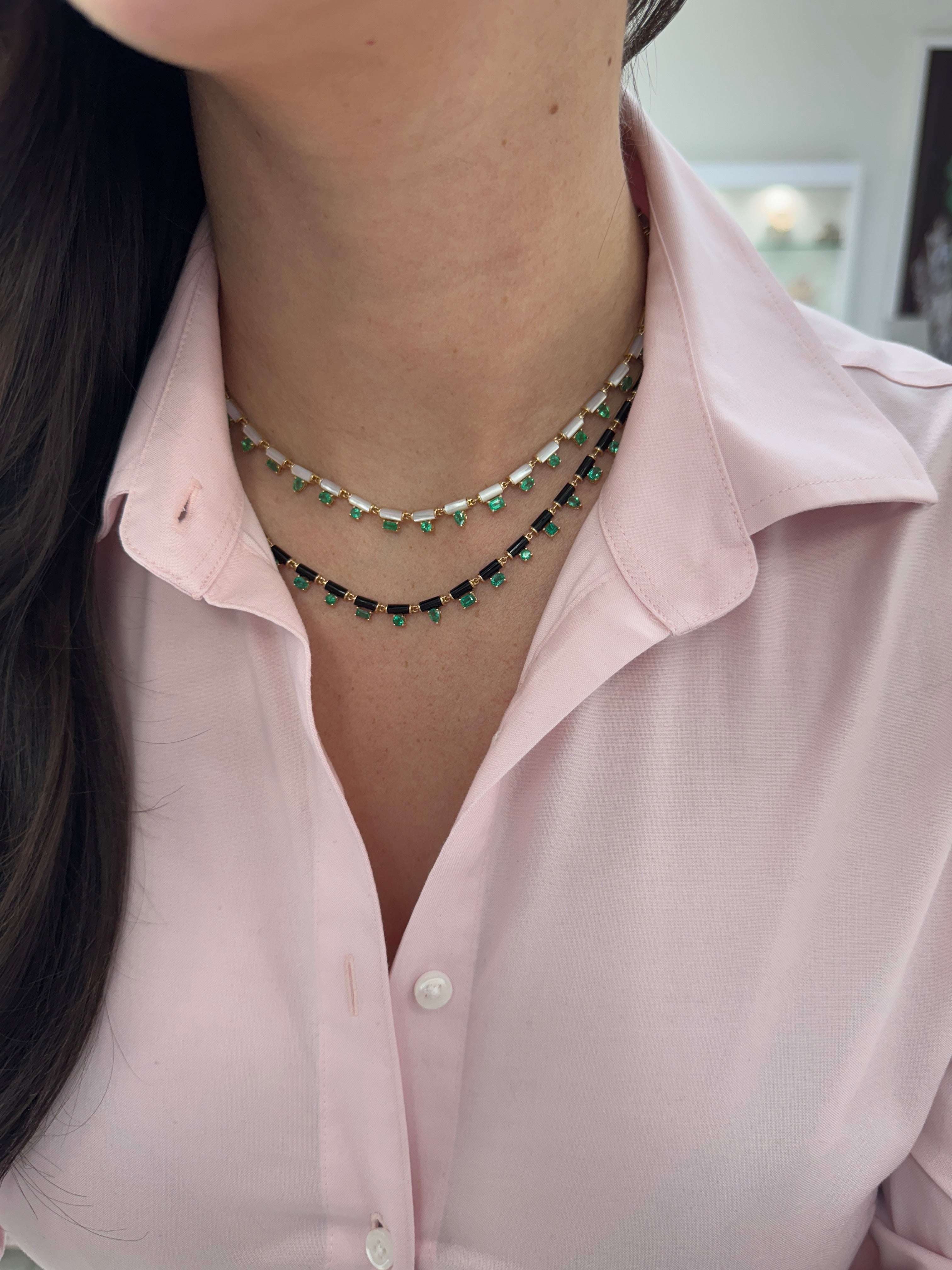 Jewelry image of a custom cut onyx and natural emerald fringe necklace, 18-inch length, by JR Colombian Emeralds.