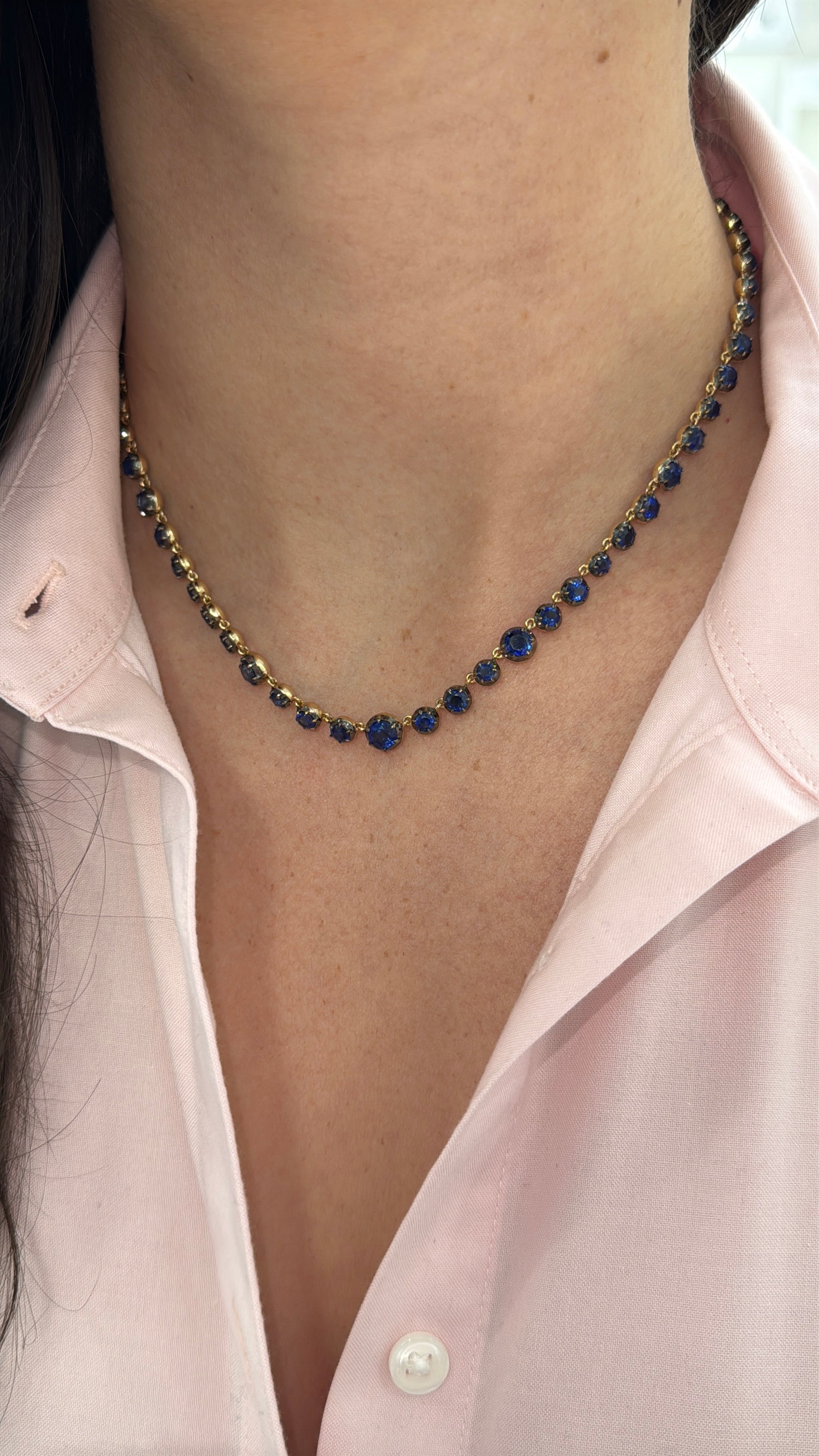 14K natural deep blue Kyanite button tennis necklace with diamond clasp, 20.87tcw round cut stones, 17-inch length by JR Colombian Emeralds.