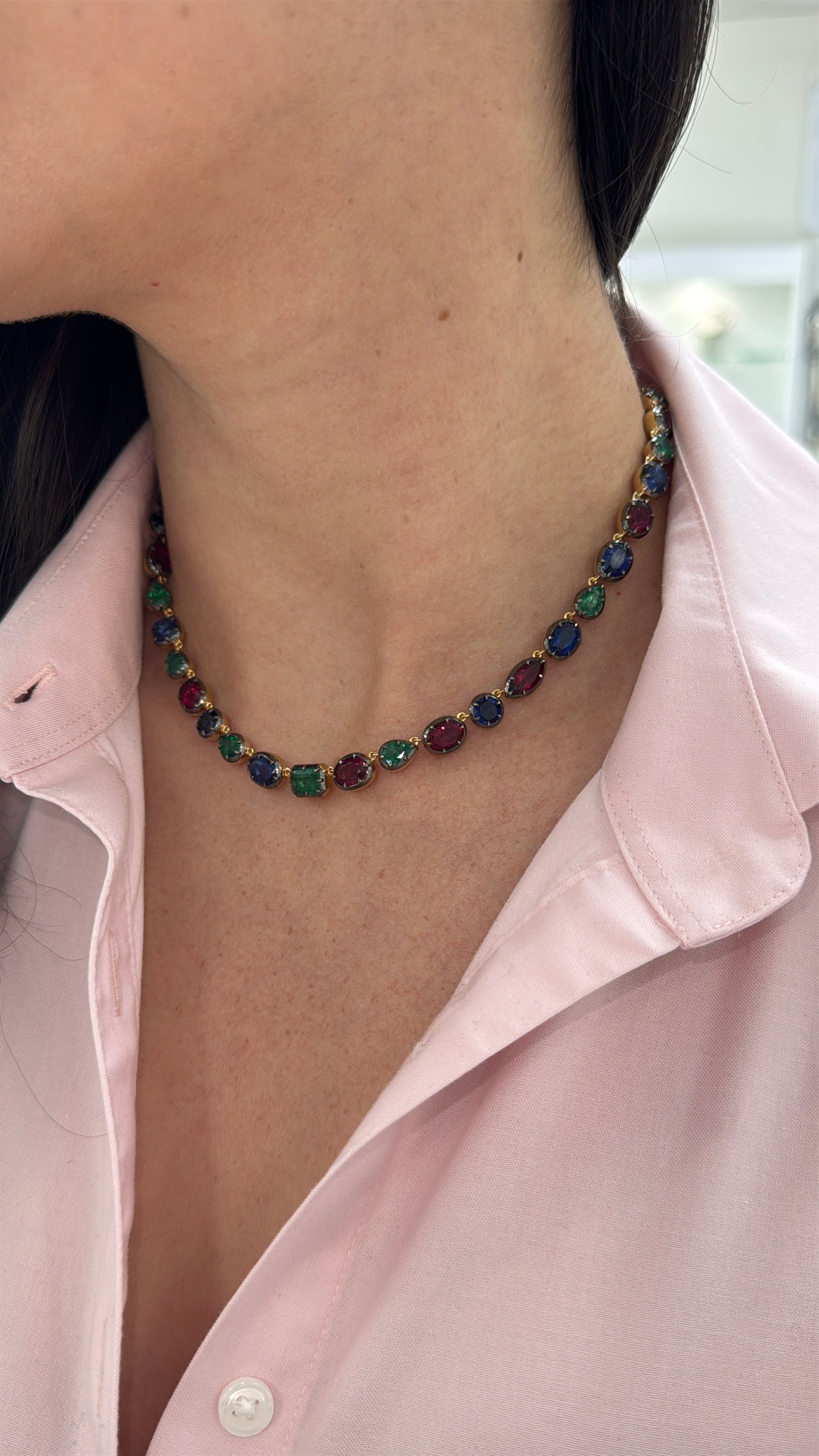 Natural emerald, ruby, and kyanite mixed color gemstone necklace with 17-inch 925 silver chain by JR Colombian Emeralds.