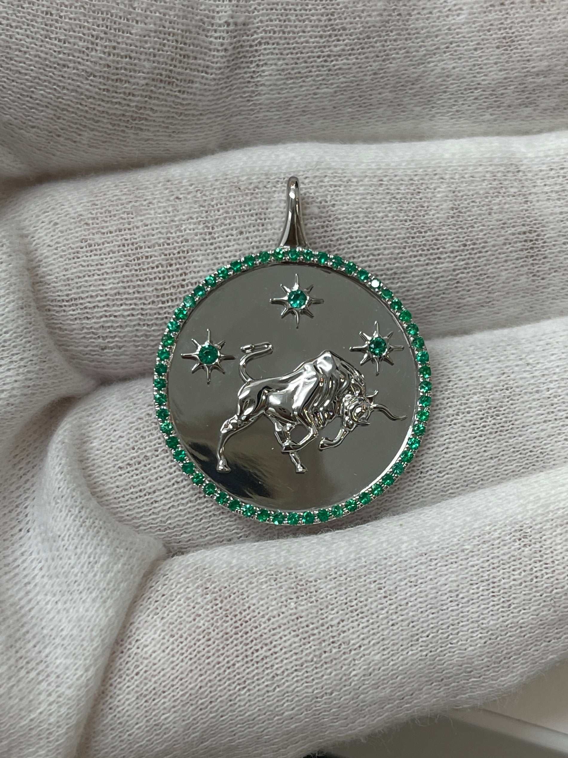 UPGRADE IN SIZE Arina- 14K Emerald Taurus Medallion Pendant