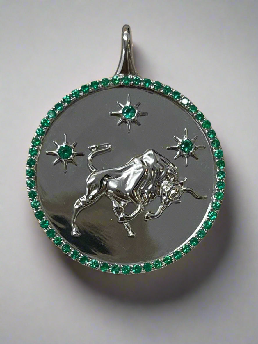 14K Emerald Taurus Medallion With Emerald Halo Pendant