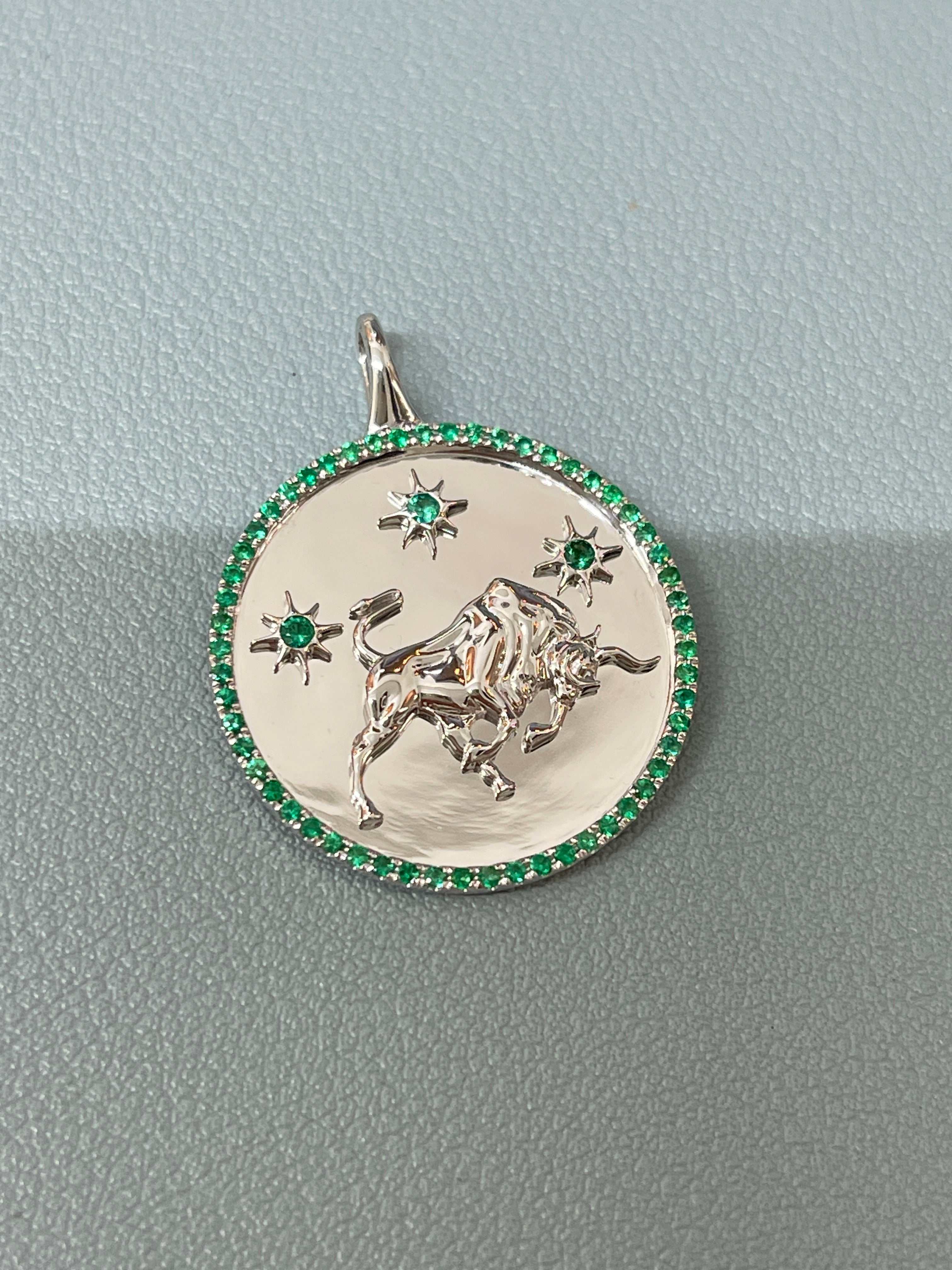 14K Emerald Taurus Medallion With Emerald Halo Pendant