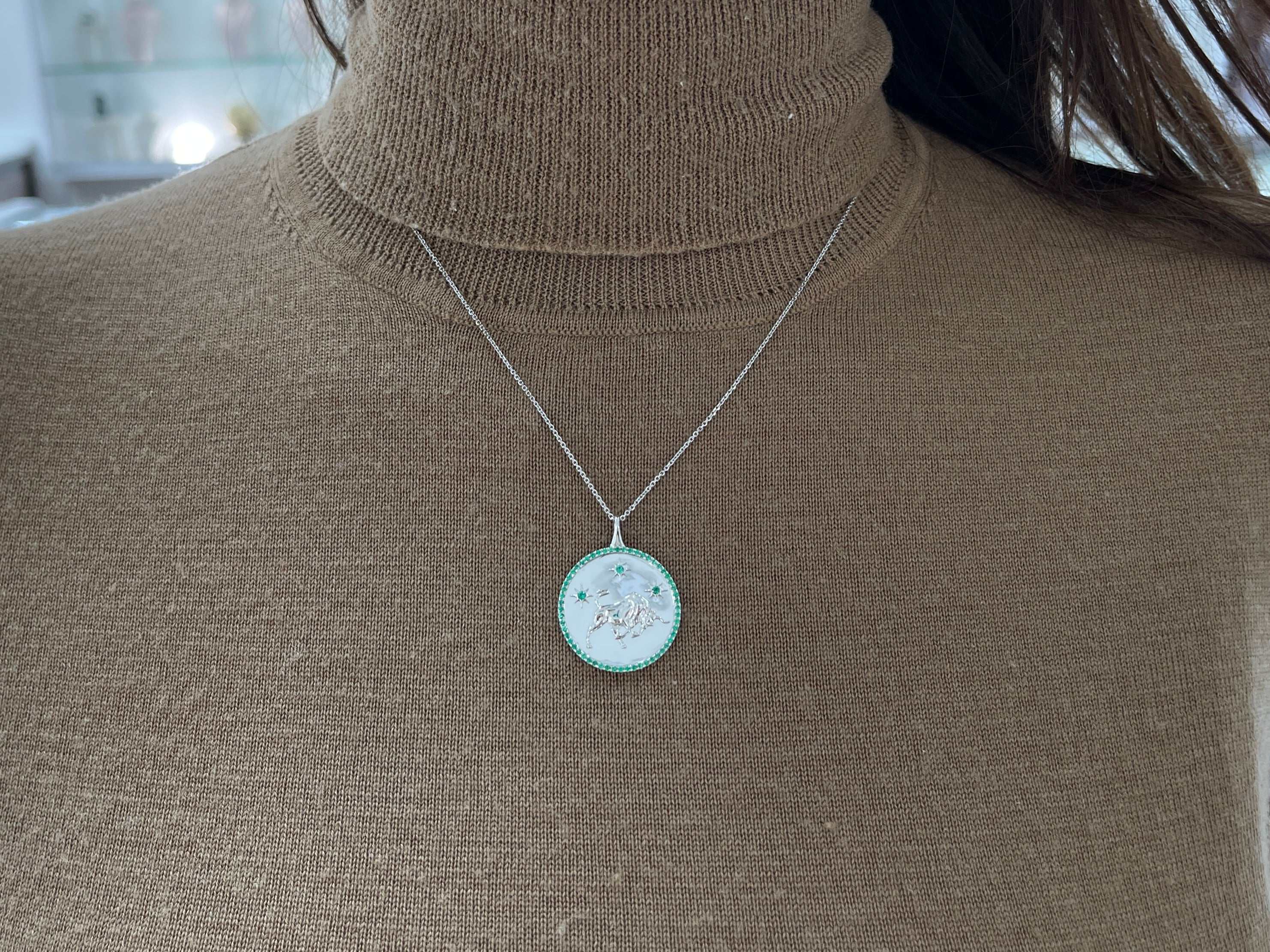 14K Emerald Taurus Medallion With Emerald Halo Pendant