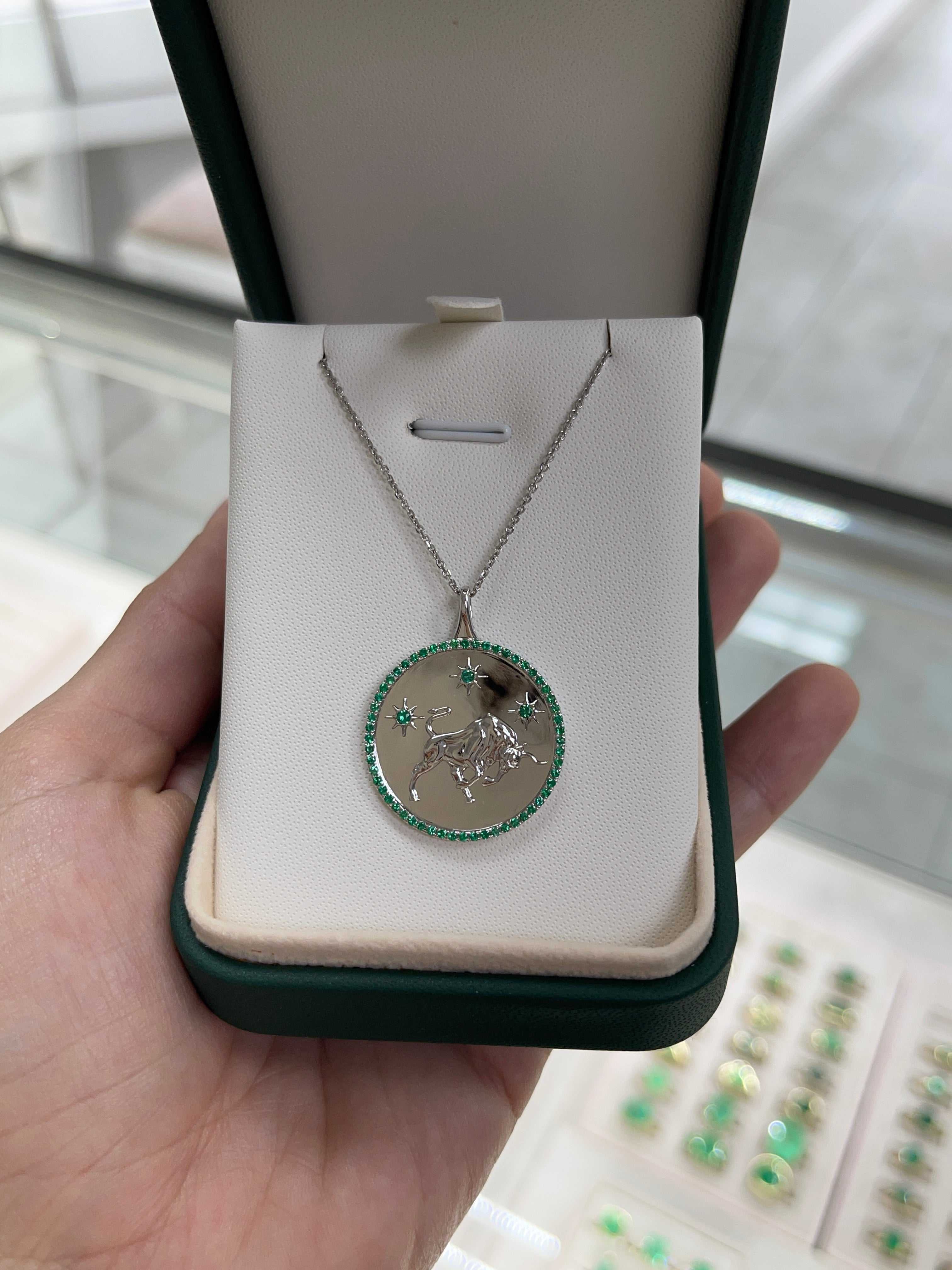 14K Emerald Taurus Medallion With Emerald Halo Pendant