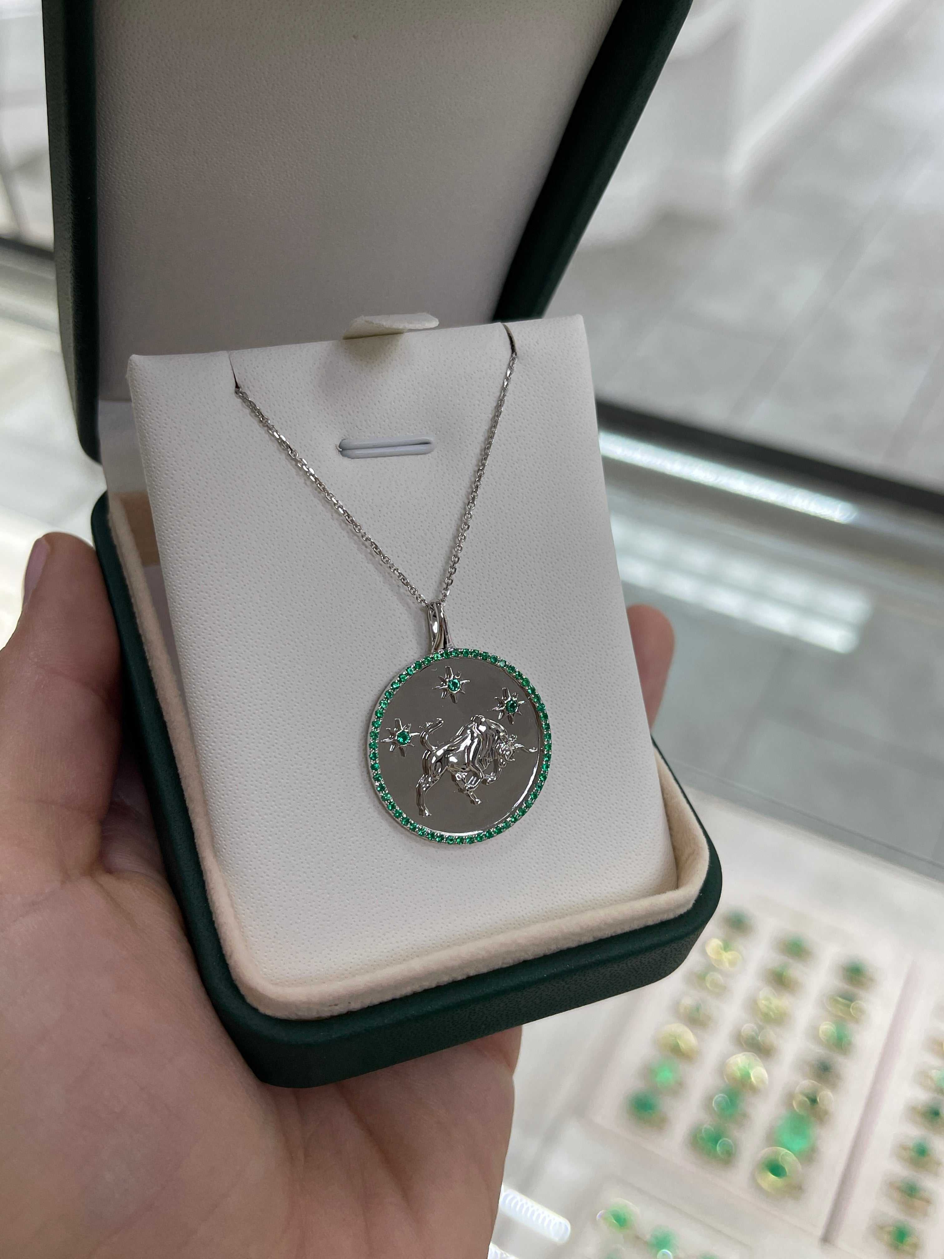 14K Emerald Taurus Medallion With Emerald Halo Pendant